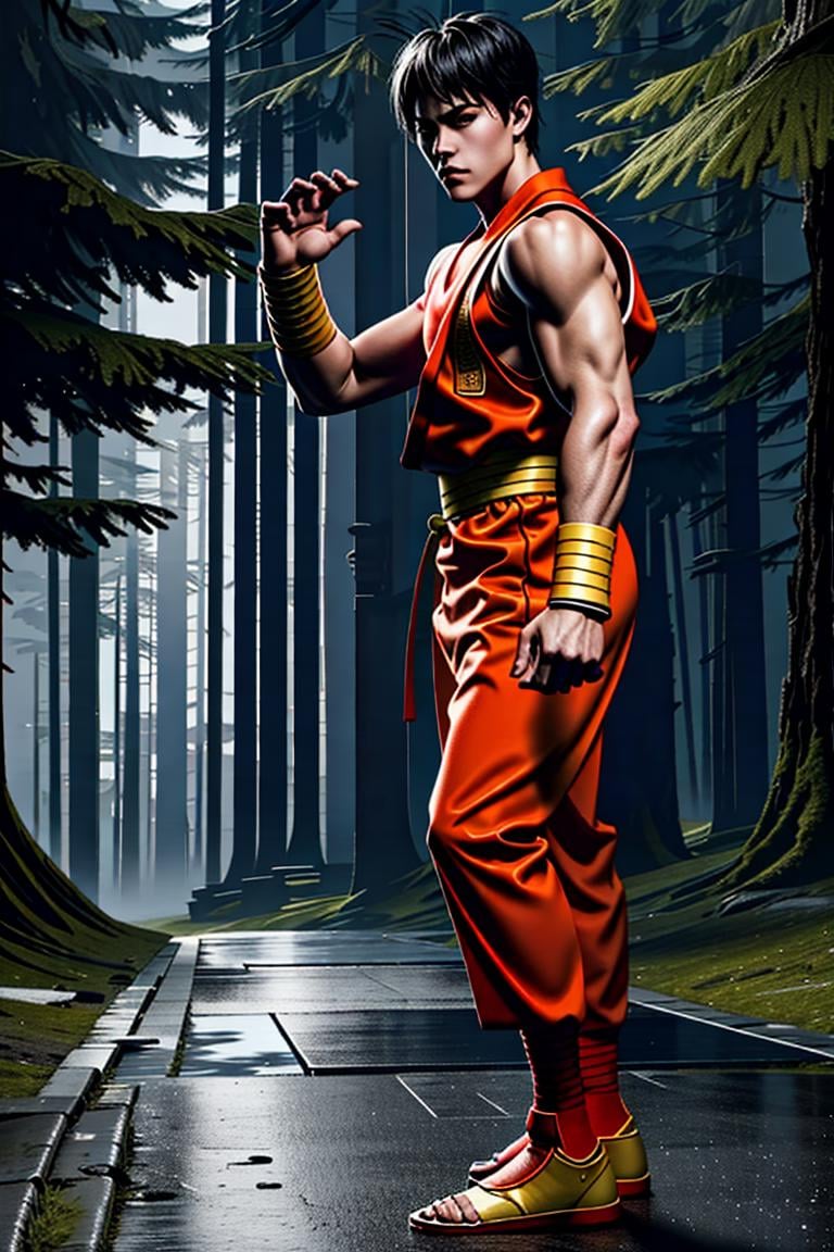 (masterpiece,  best quality:1.2),  man,  solo,  FFguy,  1guy,  orange dougi,  orange gi,  karate clothes,  (fishnet top:1.2),  hand wraps,  belt,  orange pants,  medium shot, ,  at the forest,  rain,  sideview,  masterpiece,  highness,  perfect face,  perfect picture,  detailed eyes,  sharp focus,<lora:EMS-291488-EMS:0.940000>