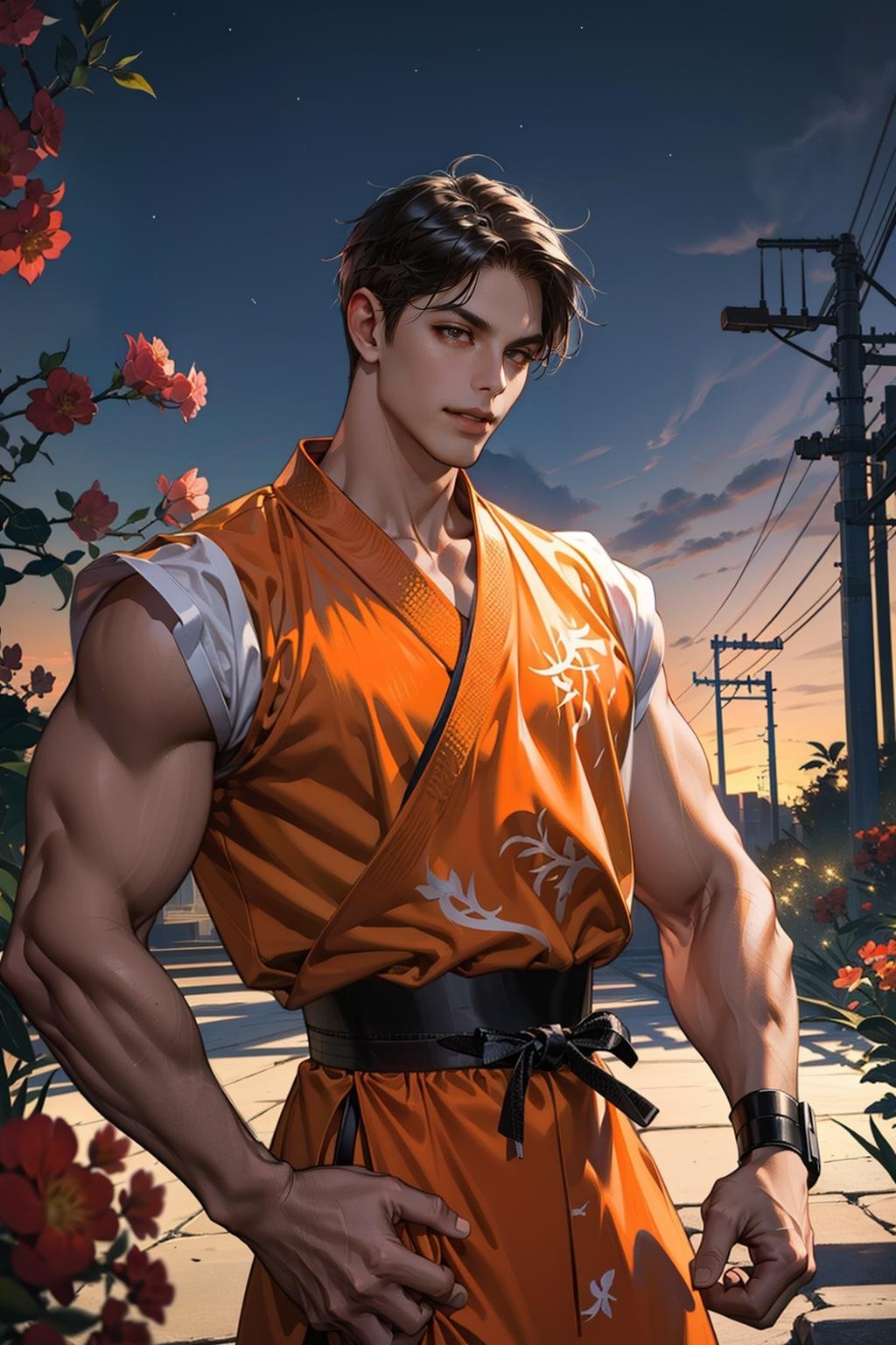 (masterpiece,  best quality:1.2),  solo,  man,  FFguy,  1guy,  orange dougi,  orange gi,  karate clothes,  (fishnet top:1.2),  hand wraps,  belt,  orange pants,  cowboy shot,  star tattoos,  flowers, garden,  romantic,  golden hour,  smirk,  masterpiece,  perfect face,  perfect picture,  detailed eyes,  sharp focus, High detailed view, , High detailed , best quality, 1boy,<lora:EMS-79-EMS:0.200000>,<lora:EMS-291488-EMS:0.900000>