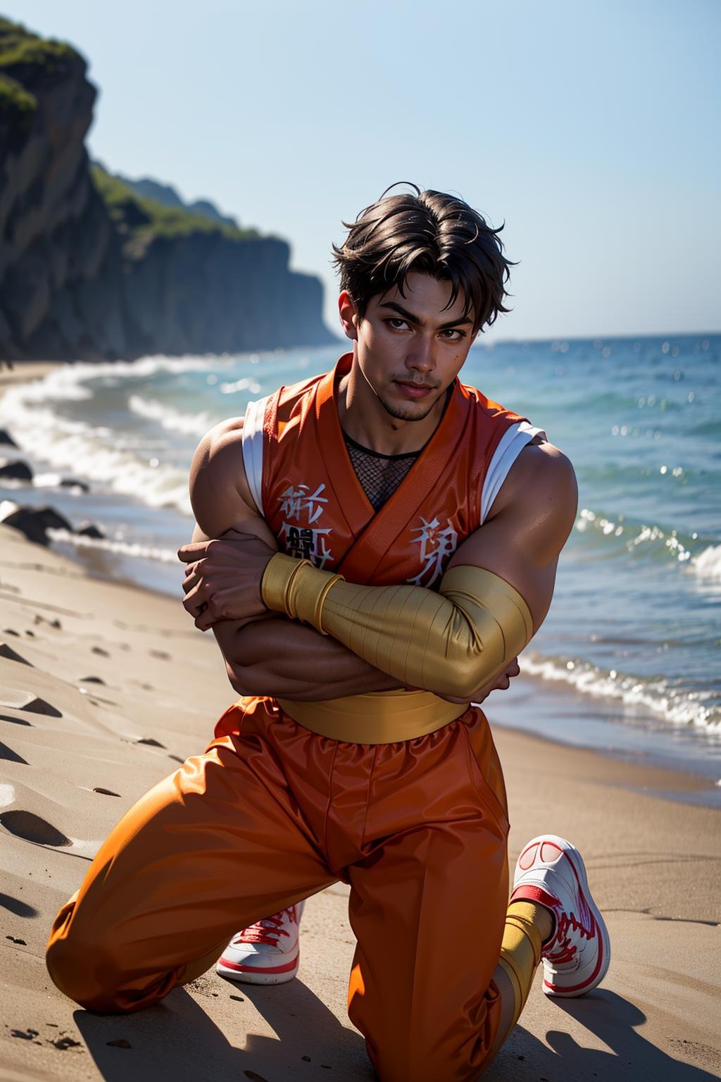 (masterpiece,  best quality:1.2),  solo, FFguy,  1guy,  orange dougi,  orange gi,  karate clothes,  (fishnet top:1.2),  hand wraps,  belt,  orange pants,  sneakers,  kneeling,  at the beach,  smirk,  masterpiece,  perfect face,  perfect picture,  detailed eyes,  sharp focus, High detailed view, , High detailed , best quality,<lora:EMS-79-EMS:0.300000>,<lora:EMS-291488-EMS:1.000000>