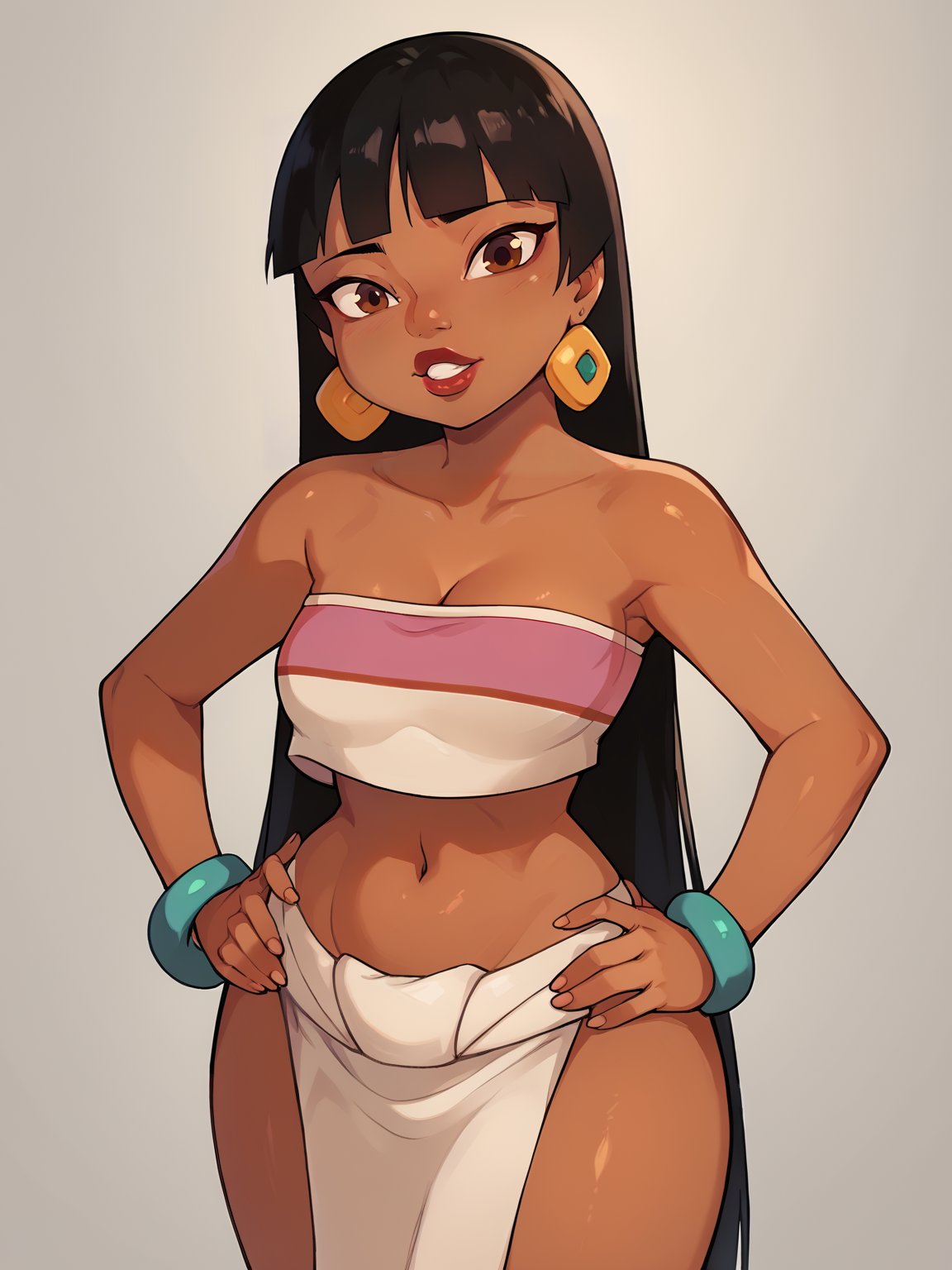 score_9, score_8_up, score_7_up, score_6_up, score_5_up, score_4_up, BREAK, source_cartoon, source_anime, 1girl, chel, black hair, long hair, blunt bangs, brown eyes, dark skin, lipstick, tube top, cleavage, pelvic curtain, bare shoulders, bracelet, earrings, curvy, midriff, narrow waist, navel, thick thighs, wide hips, barefoot, standing, full body, hands on hips, solo, looking at viewer, simple background   <lora:ChelXL:1>