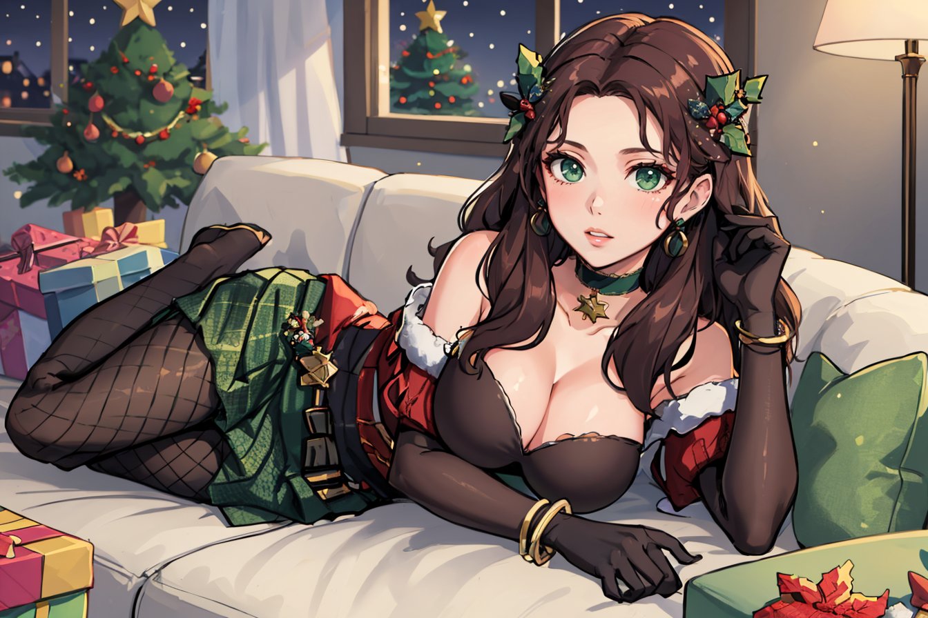 (masterpiece, best quality:1.2), 1girl, solo, lying, on side, couch, cushions, head on hand, parted lips, <lora:DorotheaFE3H-FEHv2:0.8> xmasDorothea, large breasts, cleavage, hair ornament, elbow gloves, dress, green skirt, bare shoulders, fishnets, pantyhose, choker, bracelet, christmas, indoors, window