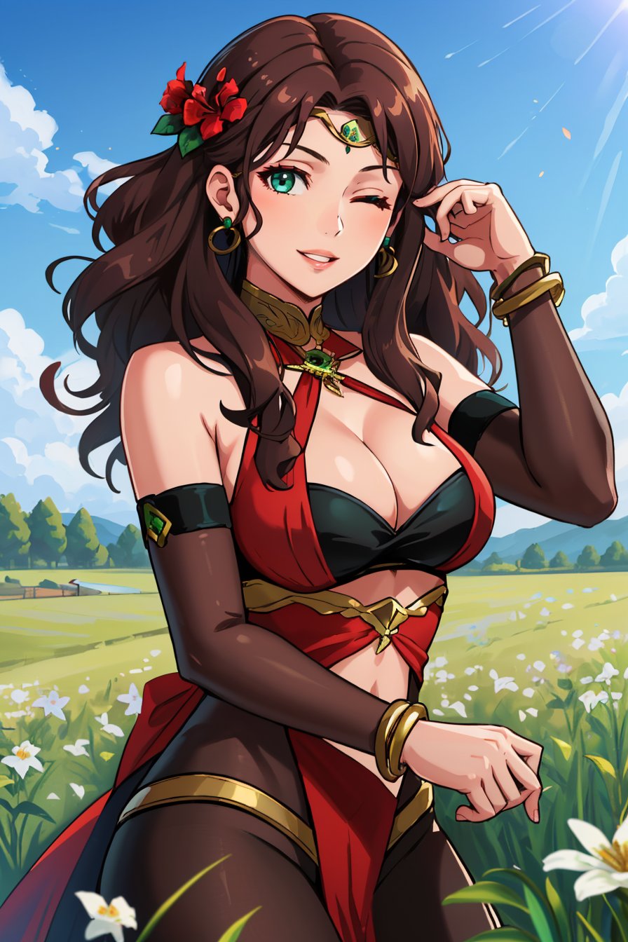 masterpiece, 1girl, solo, upper body, looking at viewer, smile, parted lips, one eye closed <lora:DorotheaFE3H-FEHv2:0.8> twiDorothea, large breasts, cleavage, bridal gauntlets, earrings, bracelet, halterneck, circlet, pantyhose, grass, flowers, field