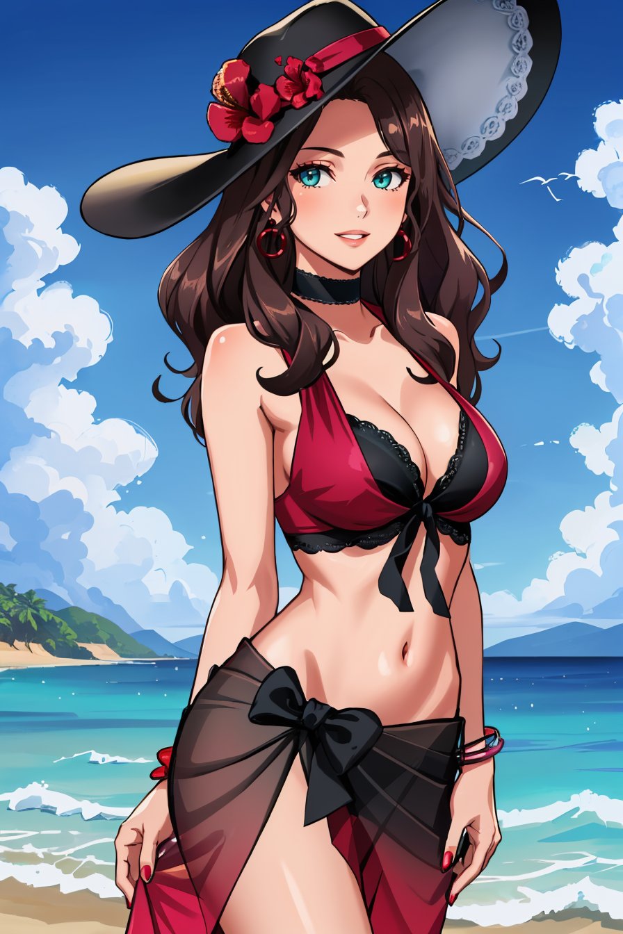 masterpiece, beach, sky, cloud, sun, 1girl, solo, cowboy shot, looking at viewer, smile, parted lips, <lora:DorotheaFE3H-FEHv2:0.8> sumDorothea, bikini, cleavage, sun hat, hat flower, sarong, earrings, choker, nail polish, bracelet 