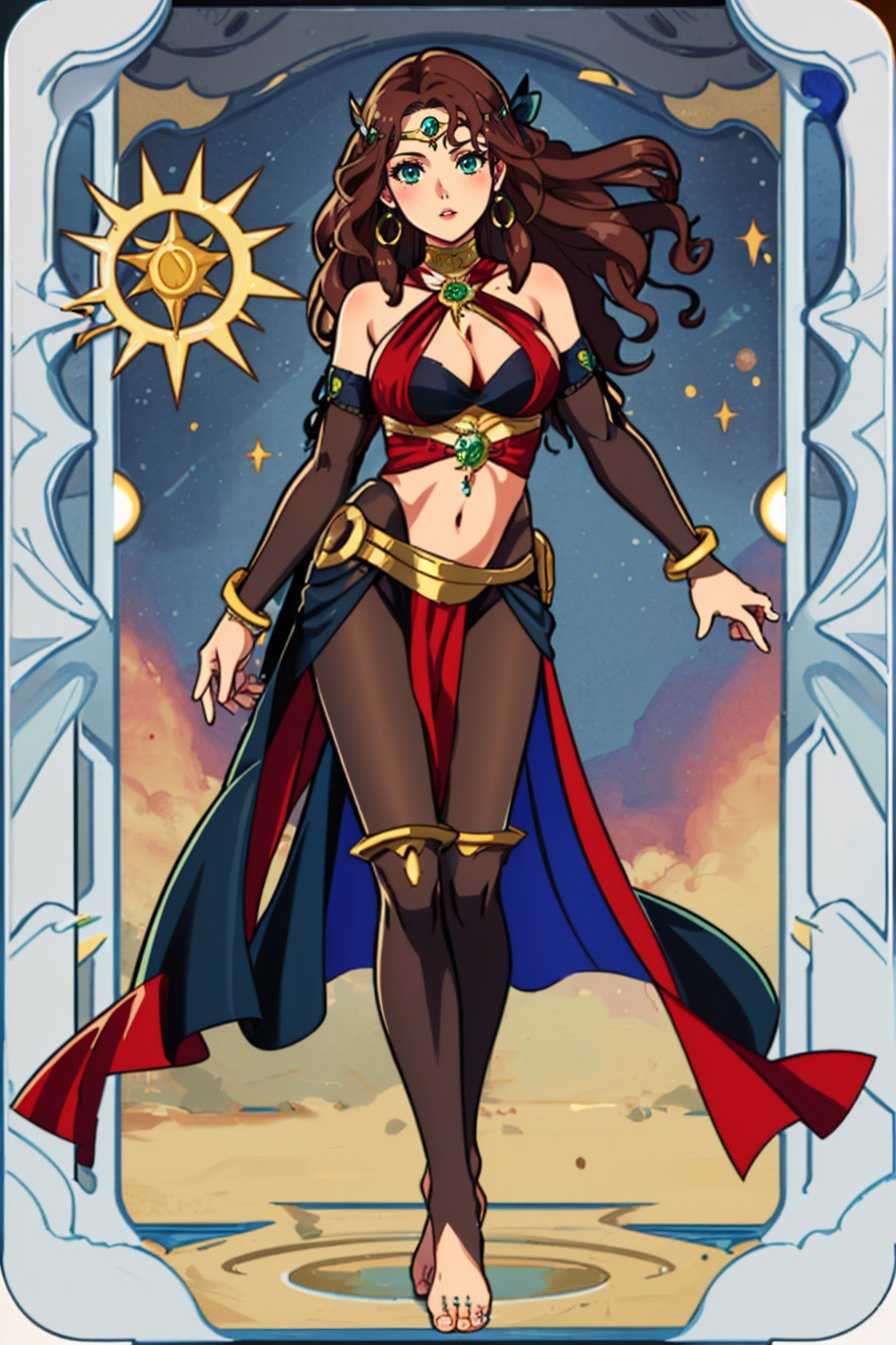 best quality, 1girl, standing, full body, solo, looking at viewer, parted lips, <lora:DorotheaFE3H-FEH-bsinky-v2:0.85> twiDorothea, large breasts, cleavage, navel, bridal gauntlets, earrings, bracelet, halterneck, pelvic curtain, circlet, pantyhose, barefoot, sun, <lora:animetarotV51:1> illustration