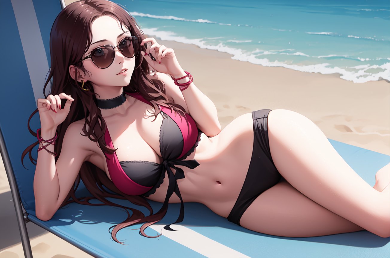 1girl, solo, lying, beach chair, sunglasses,(drink:1.1), <lora:DorotheaFE3H-FEH-bsinky-v2:0.8> sumDorothea, bikini, earrings, choker, bracelet, beach