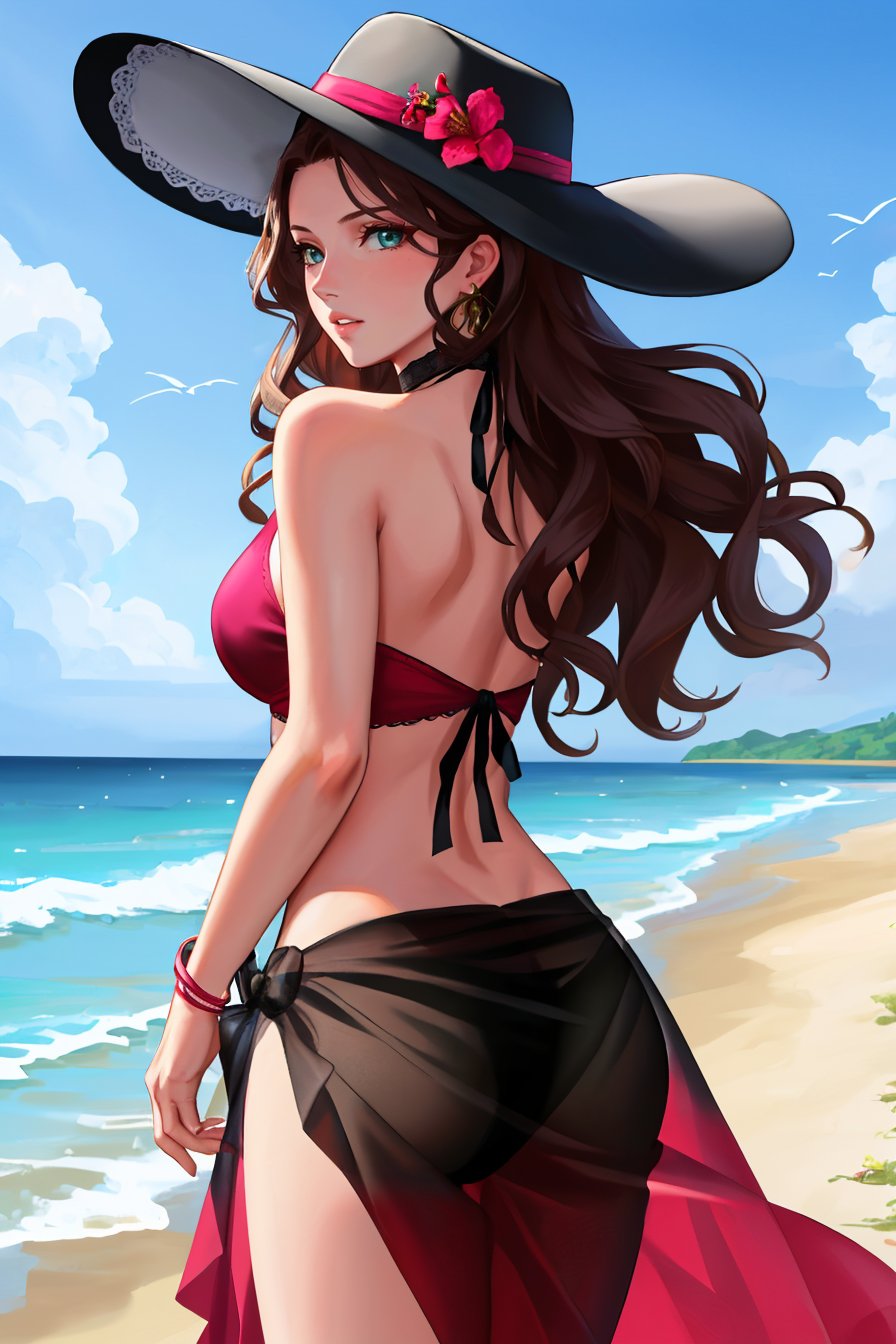 masterpiece, 1girl, solo, cowboy shot, from behind, parted lips, <lora:DorotheaFE3H-FEHv2:0.8> sumDorothea, bikini, hat flower, sarong, see-through, earrings, choker, bracelet, beach