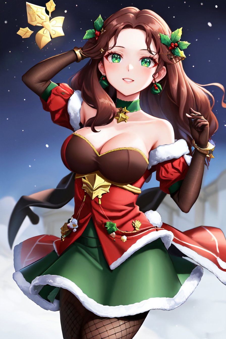 best quality, 1girl, solo, parted lips, smile, <lora:DorotheaFE3H-FEHv2:0.8> xmasDorothea, hair ornament, elbow gloves, dress, green skirt, bare shoulders, fishnets, pantyhose, choker, winter