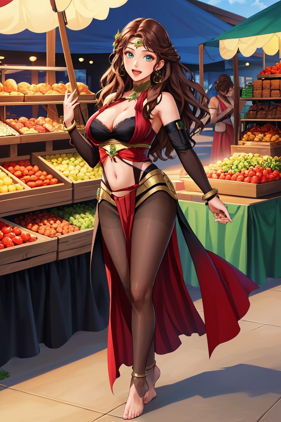 masterpiece, 1girl, full body, solo, looking at viewer, smile, open mouth, dancing, <lora:DorotheaFE3H-FEHv2:0.8> twiDorothea, large breasts, cleavage, bridal gauntlets, earrings, bracelet, halterneck, circlet, pantyhose, barefoot, marketplace, fruit stalls, desert village