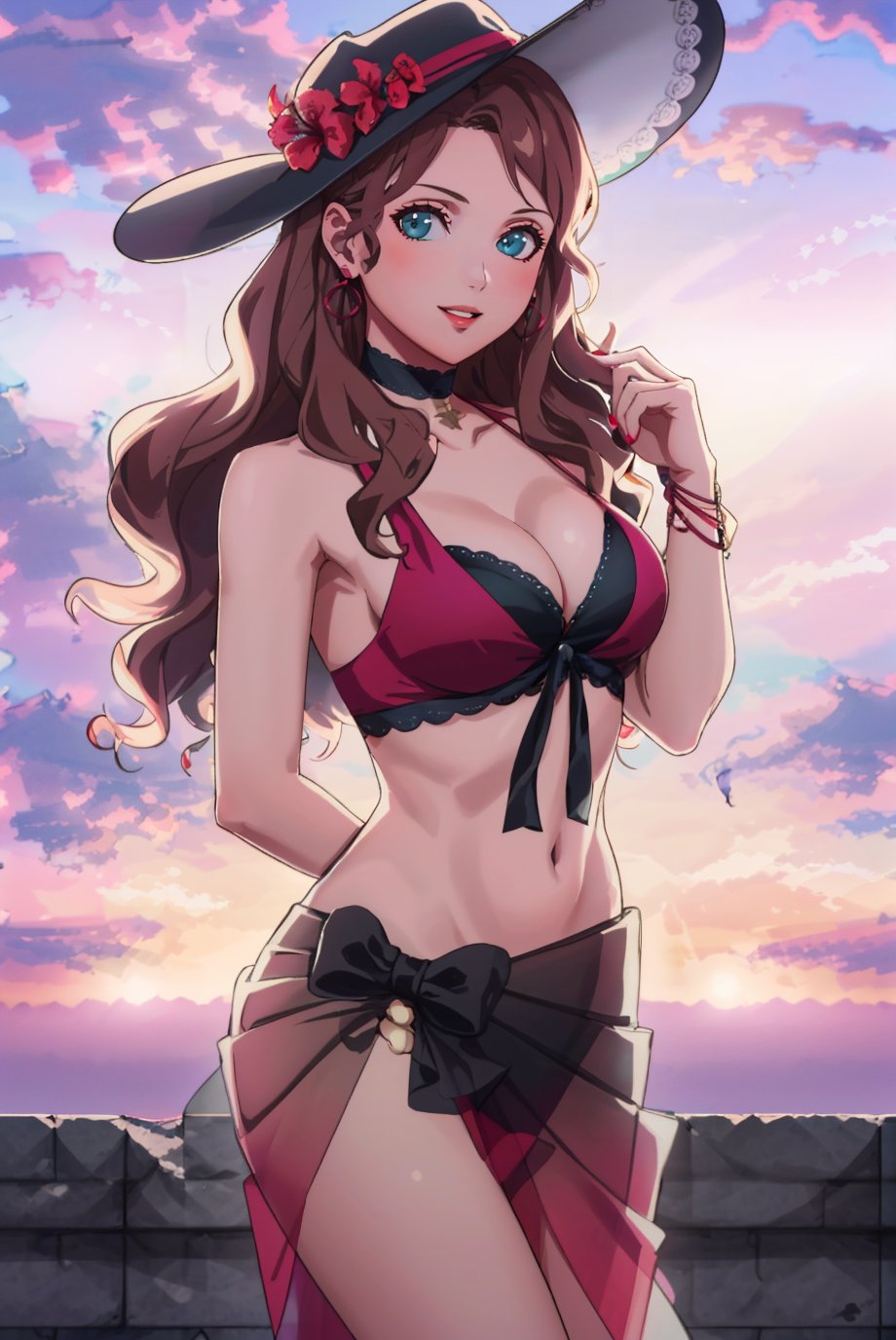 masterpiece, 1girl, solo, standing, looking at viewer, smile, parted lips, <lora:DorotheaFE3H-FEH-bsinky-v2:0.8> sumDorothea,(bikini:1.1), sarong, cleavage, sun hat, hat flower, earrings, choker, nail polish, bracelet, sunset, sky, cloud, <lora:FE3H S Rank:0.95>