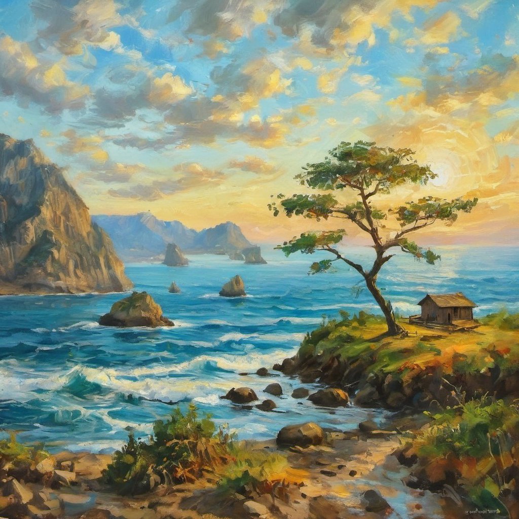 ,(((masterpiece))), (((best quality))),Beautiful painting painted by a talented artist with a wonderful interweaving of colors and unique ideas, a great tree growing from the vast sea of giueax without any land, the vast sky, the impressive scenery, Surreal style