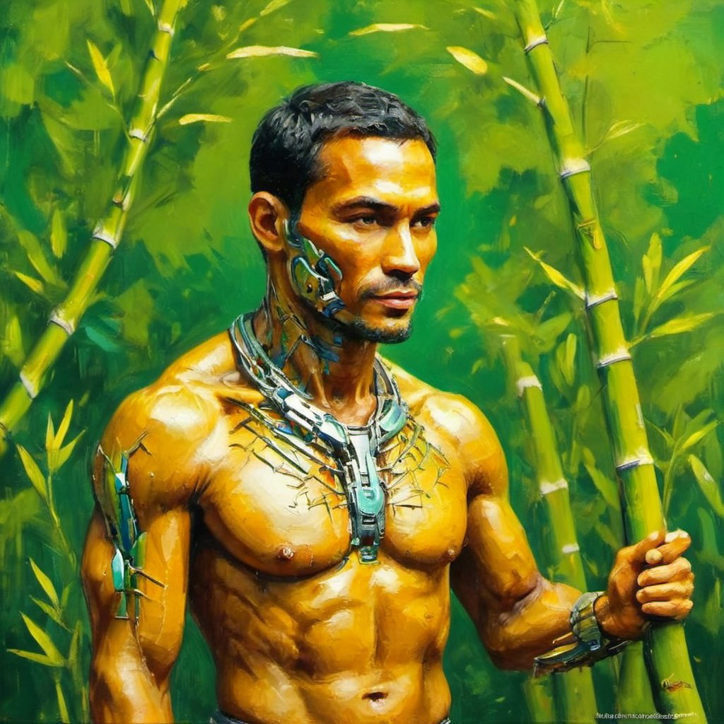 ,(((masterpiece))), (((best quality))),Beautiful painting painted by a talented artist with a wonderful interweaving of colors and unique ideas, a cyborg made from nature material, without metallic, only bamboo, wood, green leaves.