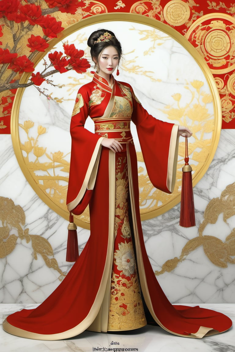 official art, unity 8k wallpaper, ultra detailed, beautiful and aesthetic, beautiful, masterpiece, best quality, (zentangle, mandala, tangle, entangle:0.4) The artwork features a fantasy chinese empress with the most sumptuous wedding hanfu dress made of (red silk:1.8) and richly embroidered with gold and silver threads, intricately carved golden badges and tassels, very large sleeves, golden jewels, along with an assortment of different floral patterns spread throughout. Finely intricated magic circles, (Intricately carved marble background:1.8). (woman, very long hair, full body shot, majestic pose ) ,horror