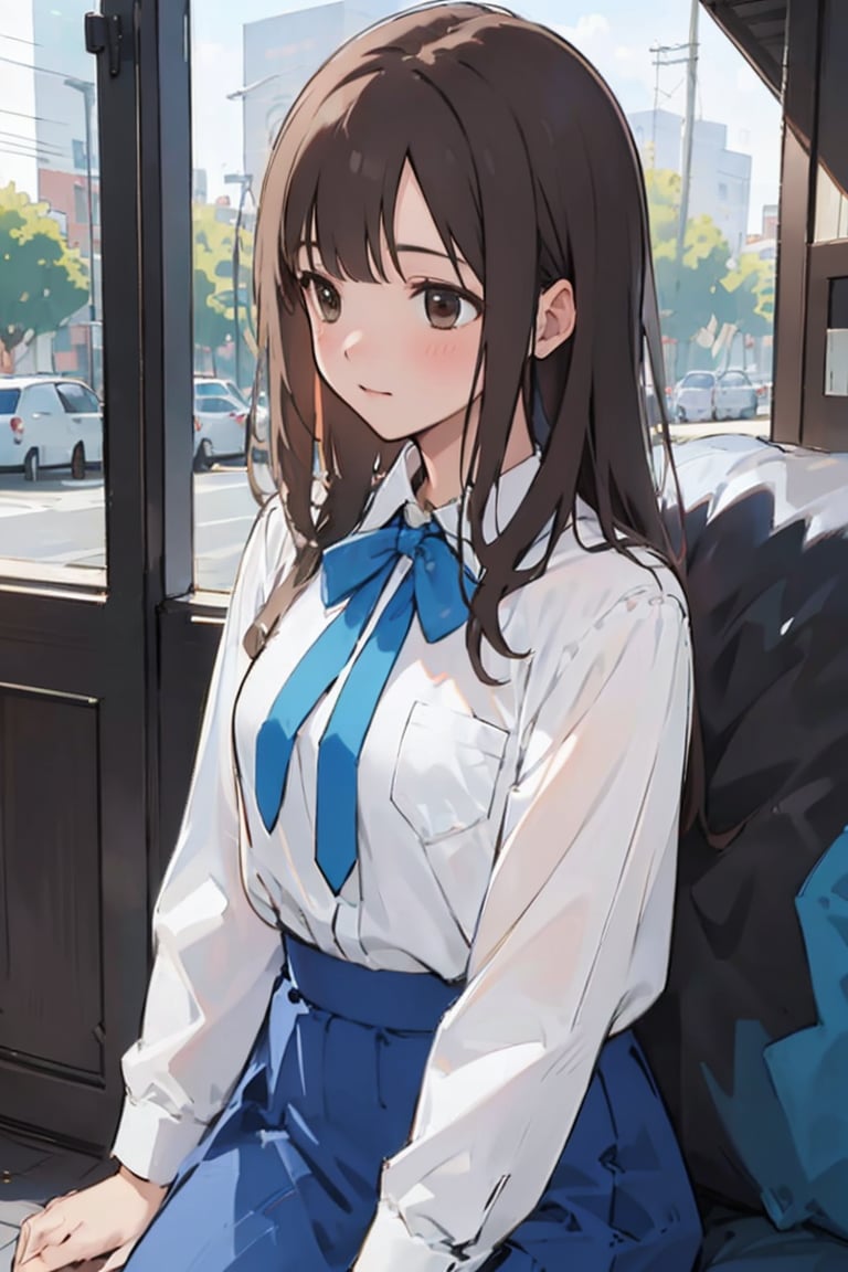 a girl,long hair,brown hair,bang,white shirts,blue skirt,blue bow,