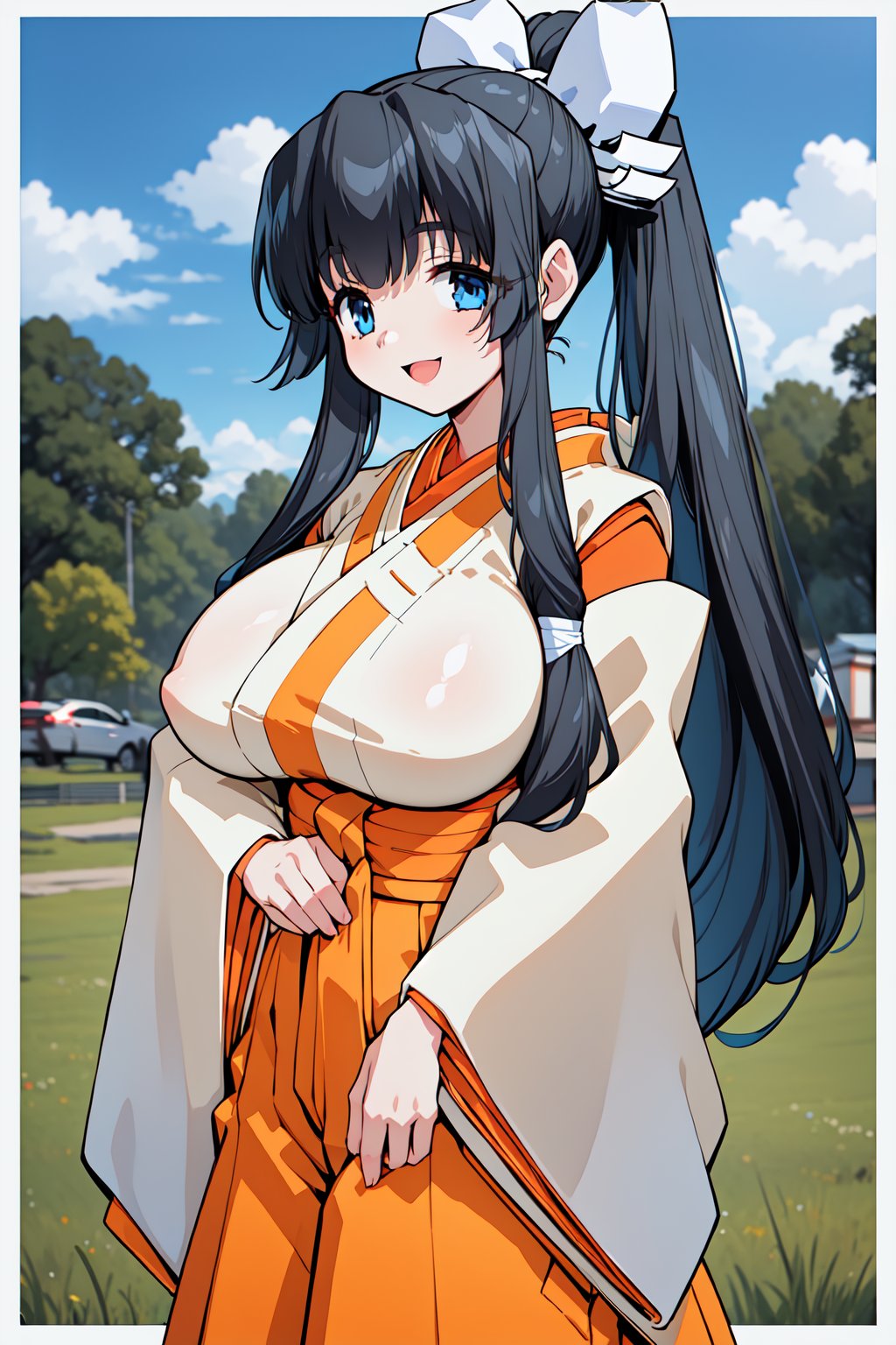 1girl, cowboy shot, field, smile, large breasts, yamagami_shino, blue eyes, heir ribbon, hair bow, black hair, long hair, ponytail, sidelocks, bangs, wide sleeves, (white kimono:1.1), japanese clothes, BLEAK (orange hakama:1.1), hakama skirt,  <lora:yamagami_shino_lora_ver2:0.8>, best quality, masterpiece, highres, <lora:GoodHands-vanilla:1>