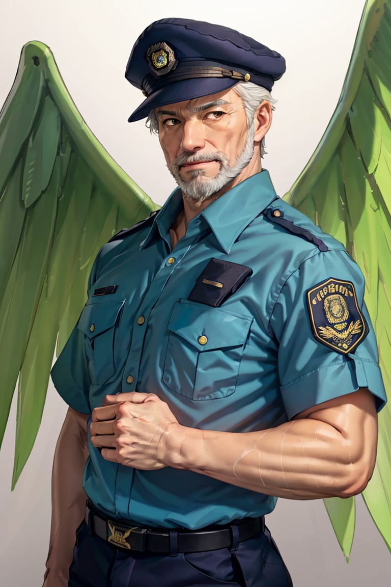 (1 image only), solo male, bara, Hogen, Tokyo Afterschool Summoners, Asain, Japanese, Tengu, old man, white hair, short hair, gold eyes, thick eyebrows, white facial hair, white beard, (black Tokin headwear, tengu-geta), Japanese police uniform, Japanese police hat, aqua-color collared shirt, mature, handsome, charming, alluring, standing, upper body in frame, perfect anatomy, perfect proportions, 2D, anime, (best quality, masterpiece), (perfect eyes, perfect eye pupil), high_resolution, dutch angle, (Tokyo city street), better_hands, green wings