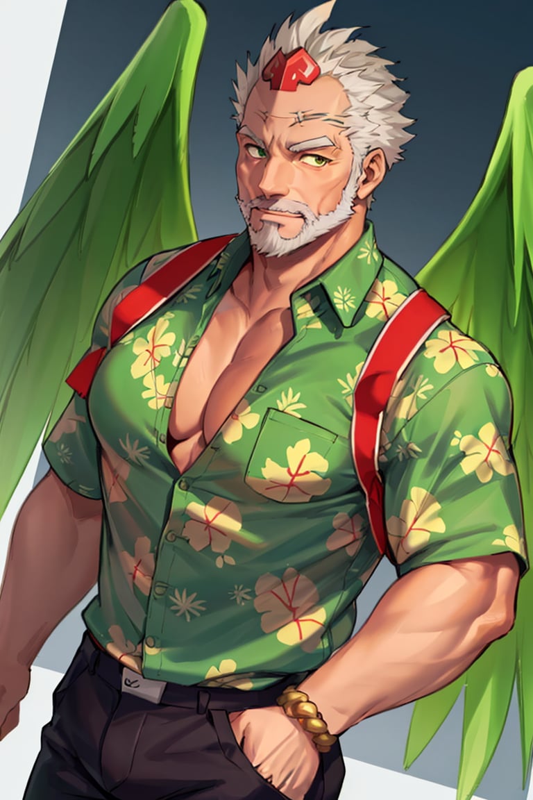 (1 image only), solo male, bara, Hogen, Tokyo Afterschool Summoners, Asain, Japanese, Tengu, old man, white hair, short hair, gold eyes, thick eyebrows, white facial hair, white beard, black Tokin headwear, tengu-geta, (((untucked green hawaiian shirt, partially unbuttoned shirt))), black pants, mature, handsome, charming, alluring, standing, upper body in frame, perfect anatomy, perfect proportions, 2D, anime, (best quality, masterpiece), (perfect eyes, perfect eye pupil), high_resolution, dutch angle, Tokyo city street, better_hands, green wings