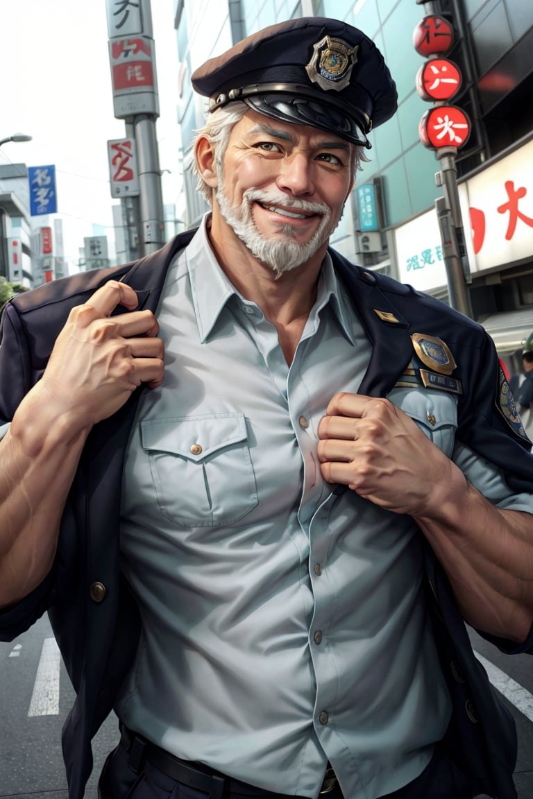 (1 image only), solo male, bara, Hogen, Tokyo Afterschool Summoners, Asain, Japanese, Tengu, old man, white hair, short hair, gold eyes, thick eyebrows, white facial hair, white beard, Japanese police uniform, Japanese police hat, pure aqua-color collared shirt, pure aqua-color sleeves, (black jacket on shoulders), grin, blush, horny, mature, handsome, charming, alluring, standing, upper body in frame, perfect anatomy, perfect proportions, 2D, anime, (best quality, masterpiece), (perfect eyes, perfect eye pupil), high_resolution, dutch angle, (Tokyo city street), better_hands, perfect fingers