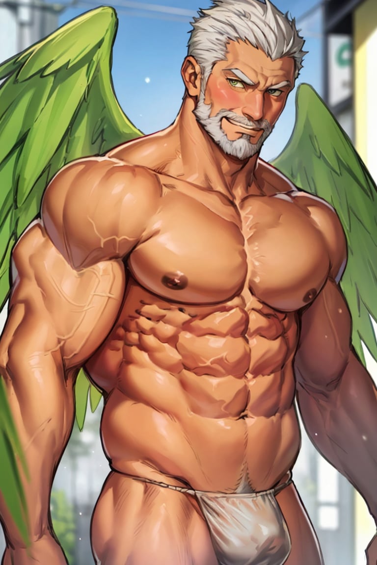 (1 image only), solo male, bara, Hogen, Tokyo Afterschool Summoners, Asain, Japanese, Tengu, old man, white hair, short hair, gold eyes, thick eyebrows, white facial hair, white beard, single short Tengu horn, topless, shirtless, bare shoulder, bare neck, bare chest, bare belly, bare groin, bare buttlocks, ((black fundoshi)), grin, mature, blush, horny, hentai, shy, handsome, charming, alluring, standing, upper body in frame, perfect anatomy, perfect proportions, 2D, anime, (best quality, masterpiece), (perfect eyes, perfect eye pupil), high_resolution, dutch angle, (Tokyo city street), better_hands, green wings, best quality,Fundoshi