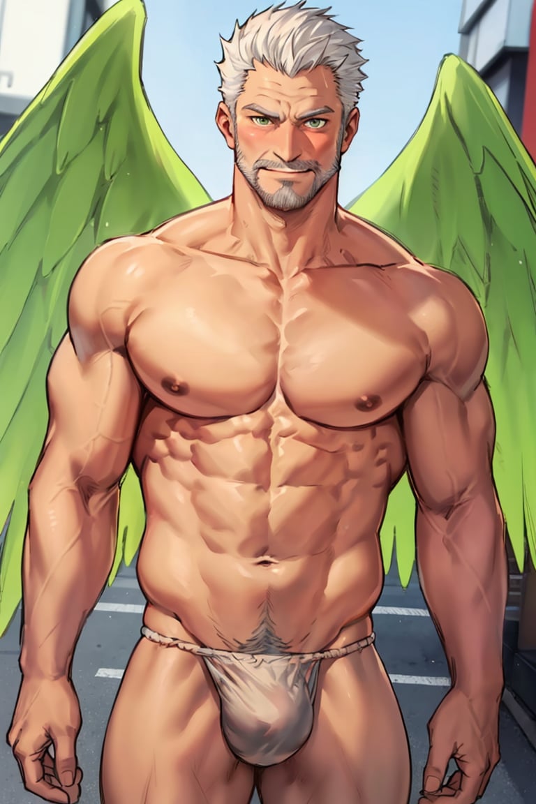 (1 image only), solo male, bara, Hogen, Tokyo Afterschool Summoners, Asain, Japanese, Tengu, old man, white hair, short hair, gold eyes, thick eyebrows, white facial hair, white beard, single short Tengu horn, topless, shirtless, bare shoulder, bare neck, bare chest, bare belly, bare groin, bare buttlocks, ((pure black fundoshi)), grin, mature, blush, horny, hentai, shy, handsome, charming, alluring, standing, upper body in frame, perfect anatomy, perfect proportions, 2D, anime, (best quality, masterpiece), (perfect eyes, perfect eye pupil), high_resolution, dutch angle, (Tokyo city street), better_hands, green wings, best quality,Fundoshi