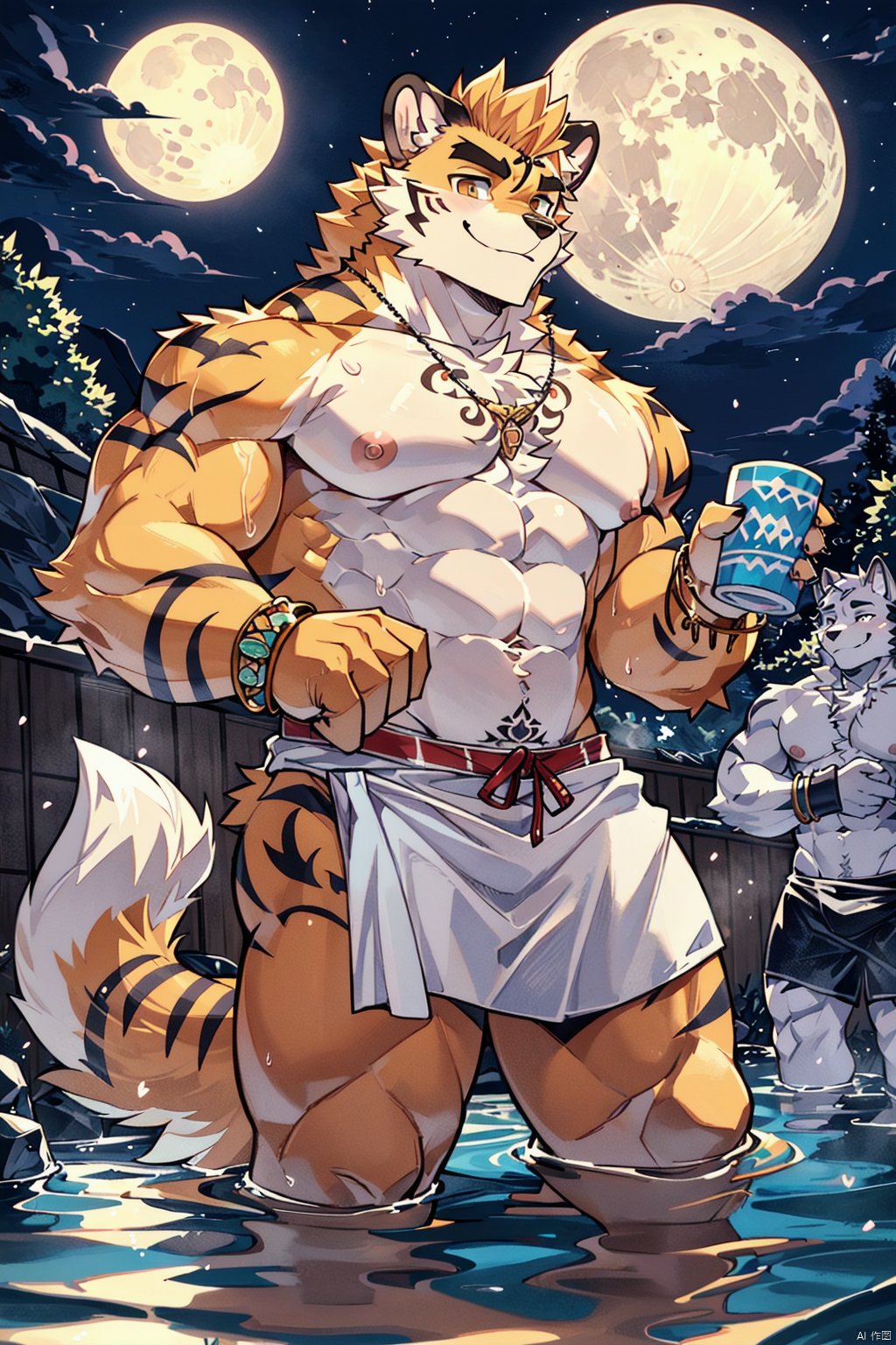  multiple boys, male focus, bara, furry male, abs, 2boys, furry, muscular male, muscular, pectorals, large pectorals, animal ears, towel, onsen, nipples, orange fur, navel, chest tattoo, dog boy, moon, stomach, tail, wolf boy, bracelet, white fur, night, tattoo, smile, short hair, thick eyebrows, thighs, dog ears, wolf ears, full moon, jewelry, mature male, water, tiger boy, two-tone fur, yaoi, cup, HYZ,