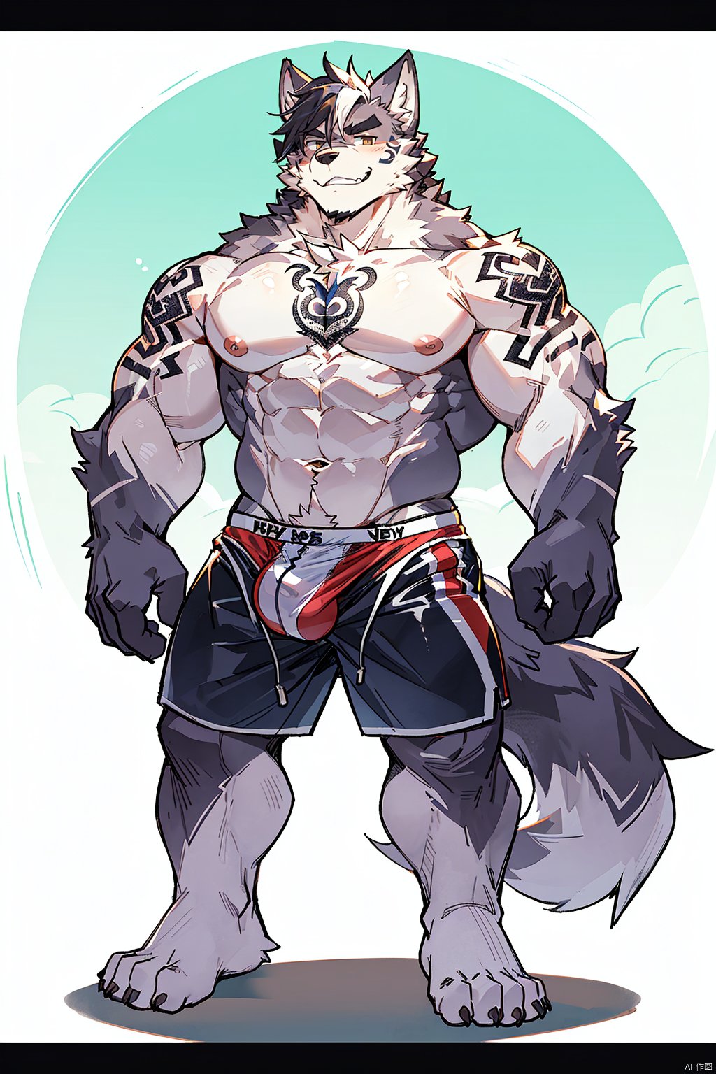  male focus, 1boy, bara, solo, muscular male, pectorals, muscular, animal ears, furry male, nipples, furry, abs, bulge, thighs, large pectorals, tattoo, navel, topless male, tail, thick thighs, stomach, male underwear, underwear, wolf ears, short hair, wolf tail, wolf boy, feet out of frame, looking at viewer, fundoshi, pelvic curtain, white male underwear, thick eyebrows, chest tattoo, HYZ, Muscular Male, nj5furry