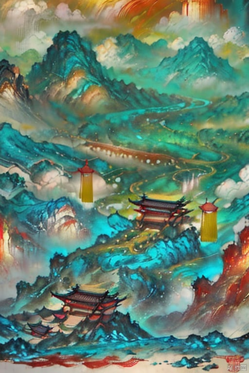  Micro landscape, Chinese three-dimensional landscape painting, Zen aesthetics, Zen composition, Chinese architectural complex, blue copper mine, peacock green, flowing particles, macro lens, rich light, glowing mountains, high mountains, clouds, minimalism, ultimate details, unparalleled details, electric effects, realism, 3D rendering, fine details, ycbh, painter,风景