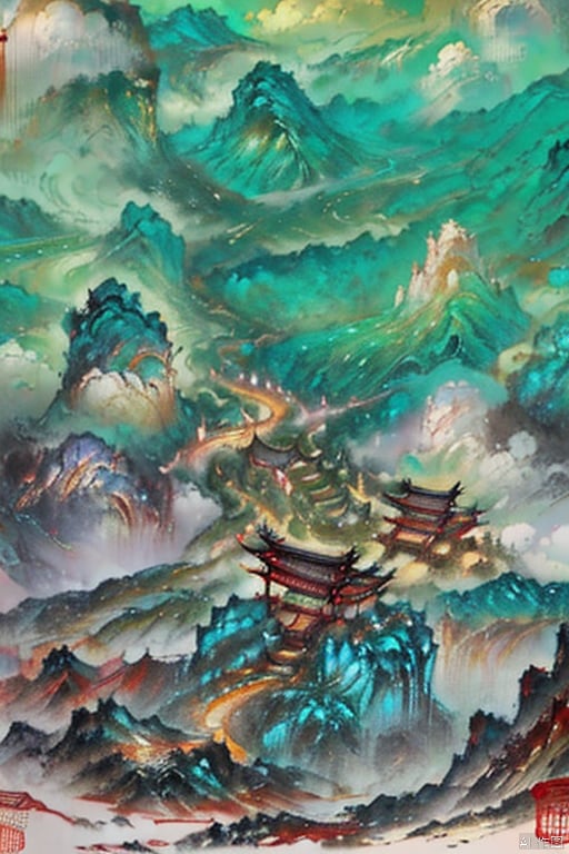  Micro landscape, Chinese three-dimensional landscape painting, Zen aesthetics, Zen composition, Chinese architectural complex, blue copper mine, peacock green, flowing particles, macro lens, rich light, glowing mountains, high mountains, clouds, minimalism, ultimate details, unparalleled details, electric effects, realism, 3D rendering, fine details, ycbh, painter,风景