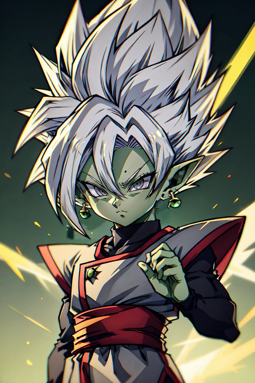 fusion Zamasu, 1boy, solo, male focus, colored skin, green skin, jewelry, earrings, white hair, pointy ears, grey eyes, spiked hair, sash, super saiyan, dougi
,masterpiece,best quality,chibi