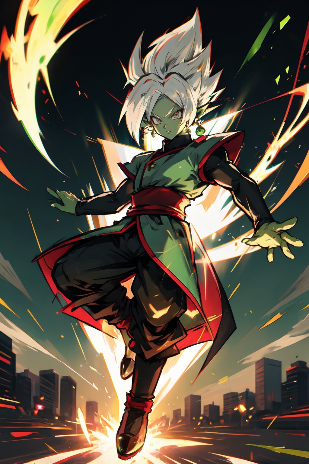 fusion Zamasu, 1boy, solo, male focus, colored skin, green skin, jewelry, earrings, white hair, pointy ears, grey eyes, spiked hair, sash, super saiyan, dougi
,masterpiece,best quality,stikers_style