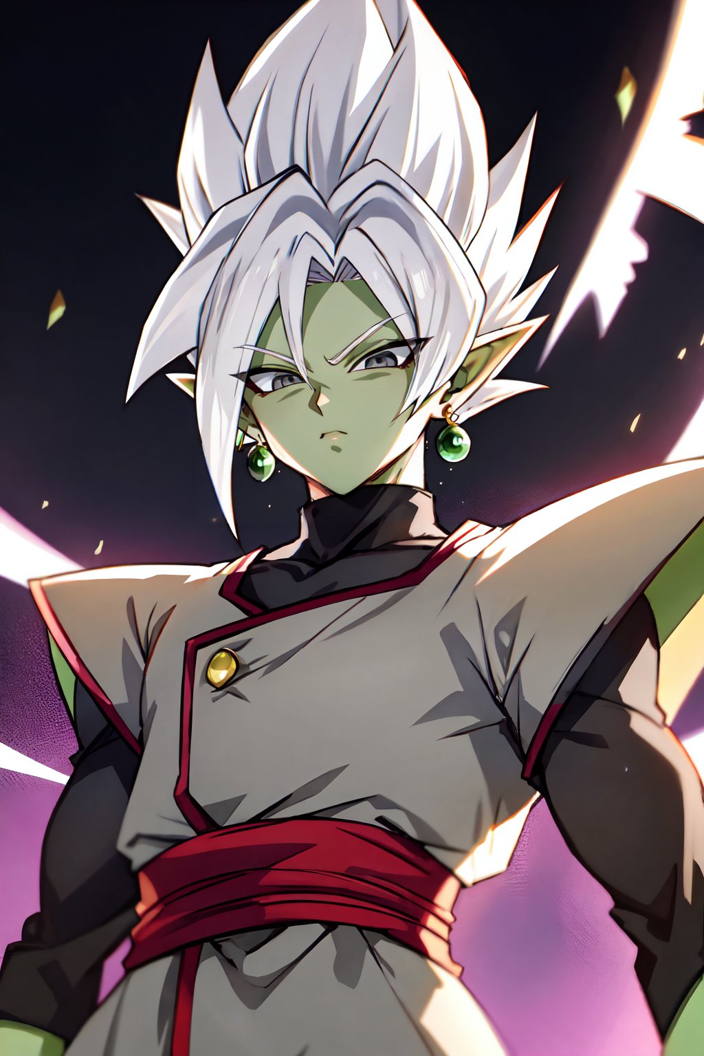 fusion Zamasu, 1boy, solo, male focus, colored skin, green skin, jewelry, earrings, white hair, pointy ears, grey eyes, spiked hair, sash, super saiyan, dougi
,masterpiece,best quality