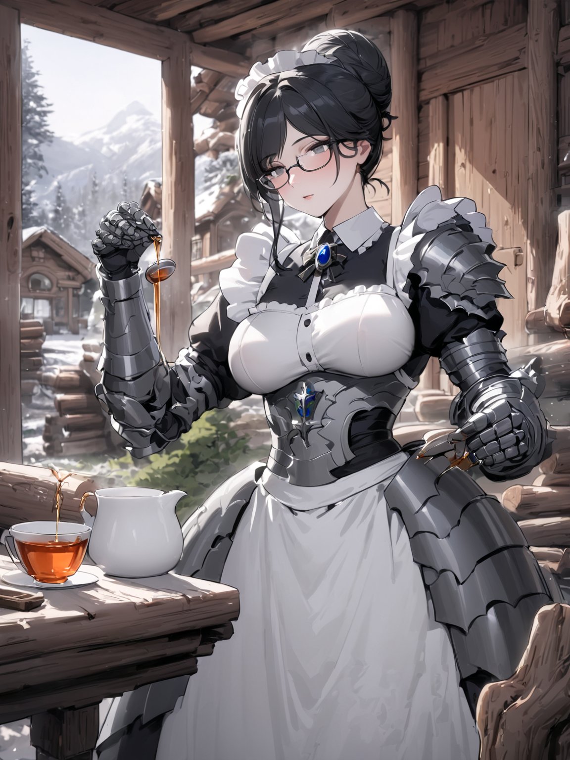 //Quality,
masterpiece, best quality, detailed
,//Character,
solo,
,//Fashion,
,//Background,
log house, pouring tea
,//Others,
,Yuri Alpha \(overlord\), 1girl, grey eyes, glasses, black hair, hair bun, breasts, maid, armor, brooch, gauntlets
