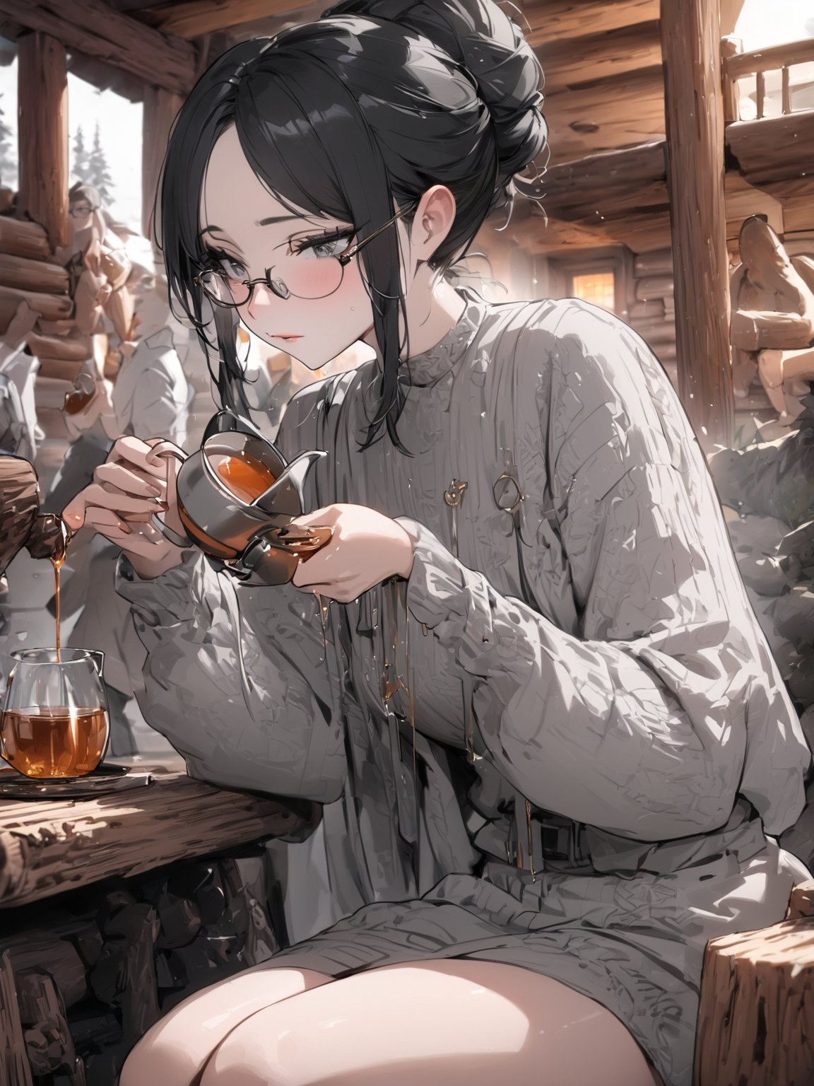 //Quality,
masterpiece, best quality, detailed
,//Character,
solo,
,//Fashion,
,//Background,
log house, pouring tea
,//Others,
,Yuri Alpha \(overlord\), 1girl, grey eyes, glasses, black hair, hair bun