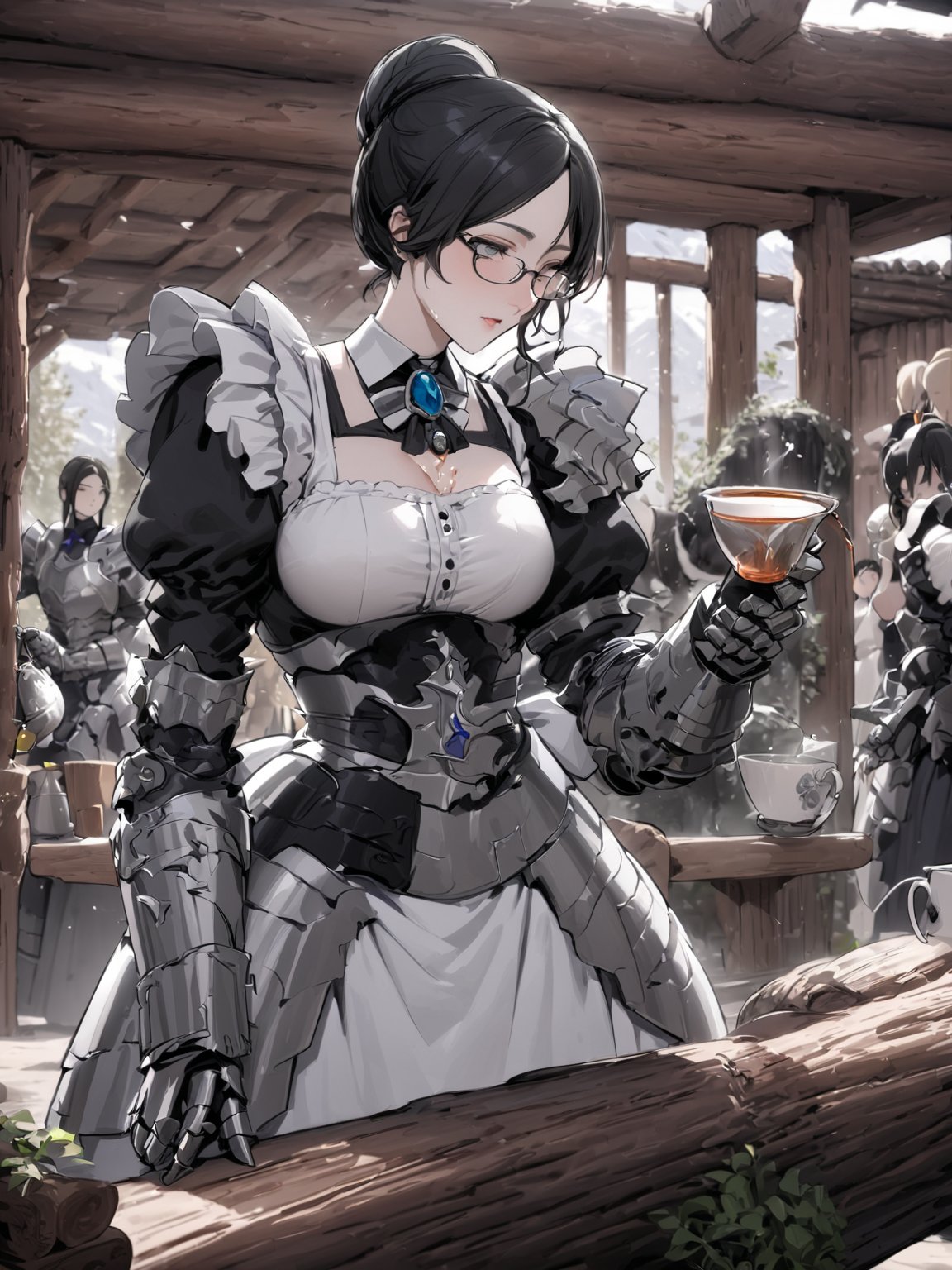 //Quality,
masterpiece, best quality, detailed
,//Character,
solo,
,//Fashion,
,//Background,
log house, pouring tea
,//Others,
,Yuri Alpha \(overlord\), 1girl, grey eyes, black hair, breasts, glasses, maid, dress, armor, hair bun, brooch, gauntlets