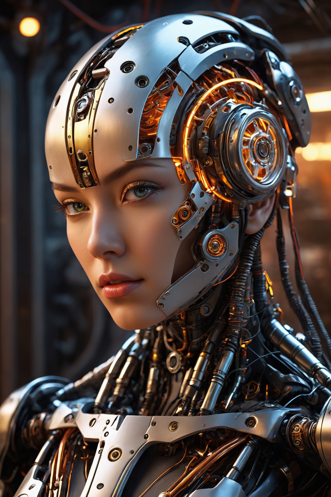 (ultra-detailed,photorealistic:1.37),best quality, HDR, high-res, masterpiece:1.2, robotic mechanical face, mechanical body part, half body, cyborg style, vivid colors, sharp focus, studio lighting, futuristic technology, glowing neon lights, metallic textures, intricate gears and wires, technological advancements, advanced AI integration, motion blur effects, dynamic pose, futuristic background, intense expression, enhanced human abilities, dark and moody atmosphere, sci-fi concept art, cybernetic enhancements, detailed facial features, steampunk elements, post-apocalyptic setting.