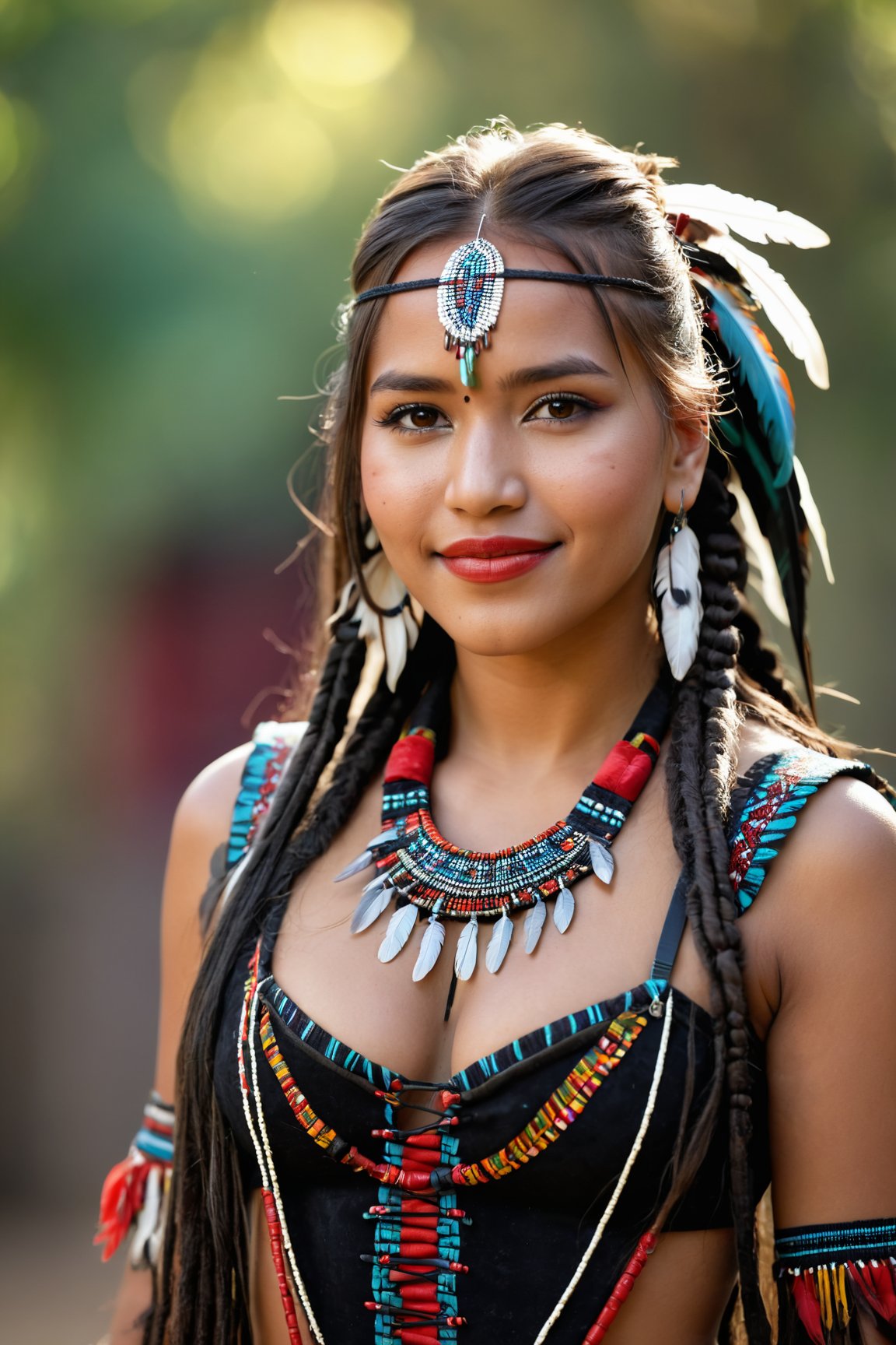 (best quality, 4k, highres, masterpiece:1.2), ultra-detailed, indigenous girl, red black harness, feathers in long dread hair, high heels boots, accessories on arm, beautiful detailed eyes, beautiful detailed lips, ethnic clothing, traditional patterns, graceful posture, subtle smile, vibrant colors, bokeh lighting, portraits