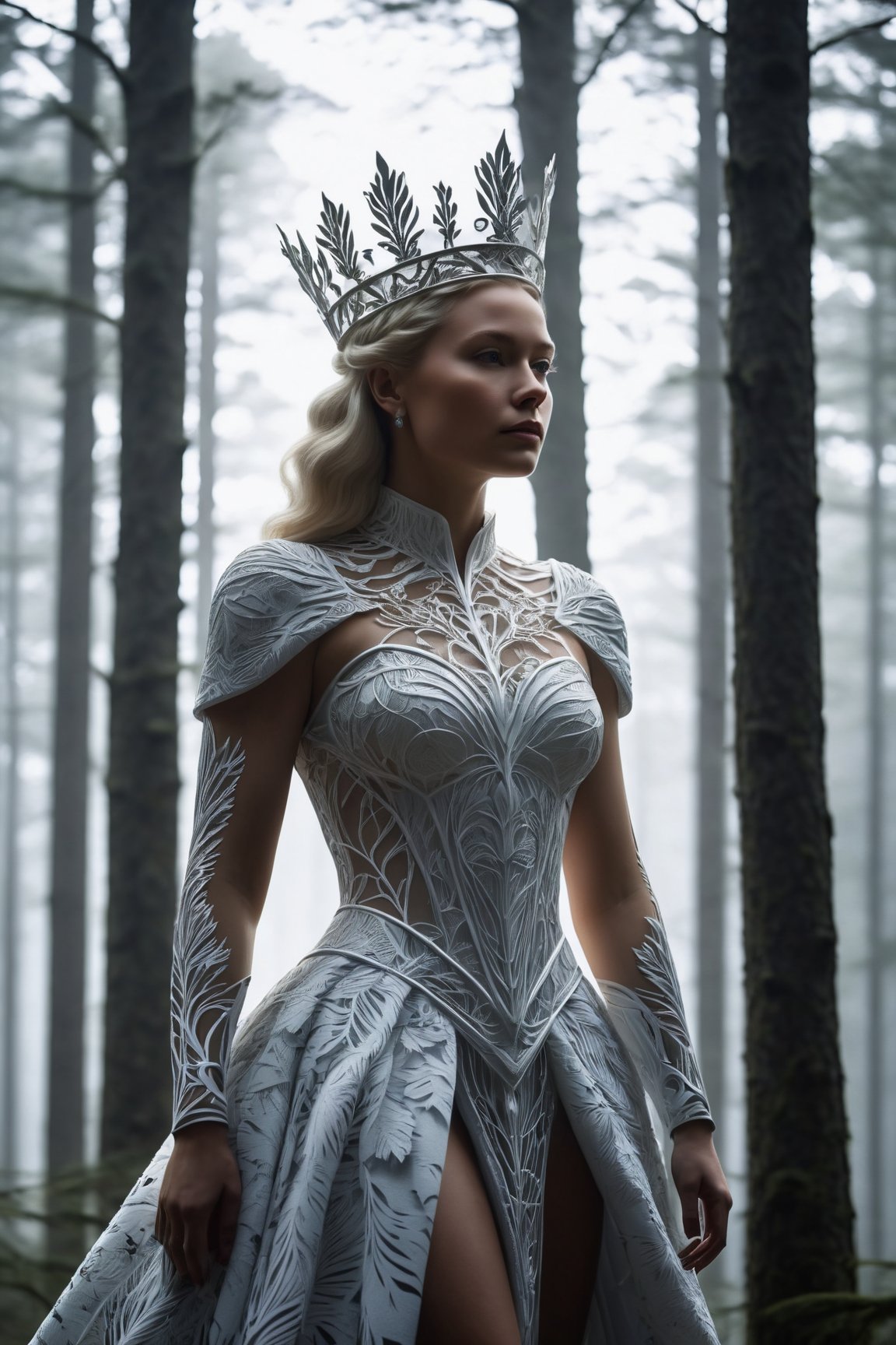 (best quality,8K,highres,masterpiece), ultra-detailed, presents a striking silhouette of a Nordic queen, her form ingeniously filled with the dense, intricate beauty of a forest through the art of double exposure. The image is rendered in sharp, crisp lines that define the queen's regal outline, while the monochrome background serves to highlight the complexity and depth of the forest within her. This blend of human elegance and natural wilderness captures a powerful symbol of unity between leadership and the environment. The queen's silhouette, outlined against a stark, monochrome backdrop, evokes a sense of timeless strength and the enduring connection between nature and sovereignty.