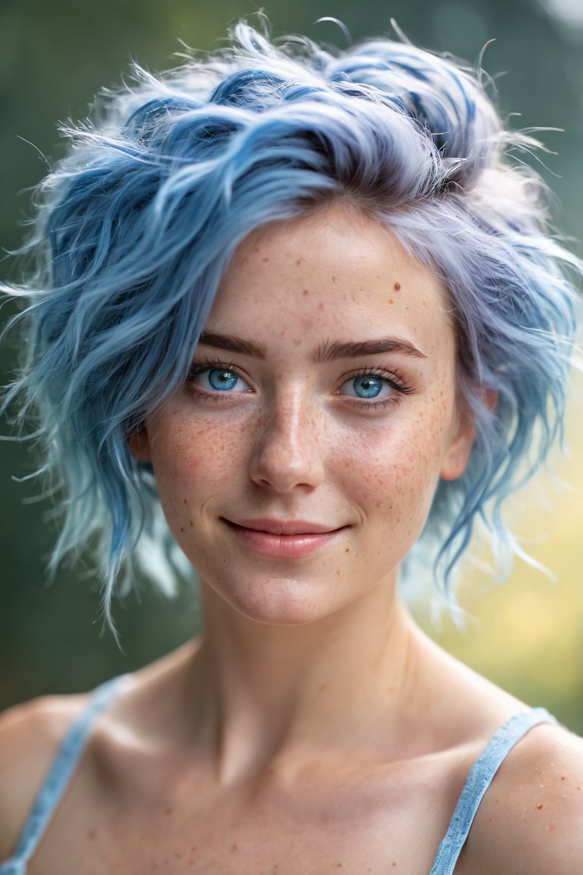 (best quality,4k,8k,highres,masterpiece:1.2),ultra-detailed,(realistic,photorealistic,photo-realistic:1.37),blue messy hair,light blue eyes,freckles,women,portrait,cinematic,bokeh,soft lighting,ethereal atmosphere,dreamy expressions,dynamic composition,textured background,vivid colors,subtle smile,graceful pose,professional,artistic,portrait photography
