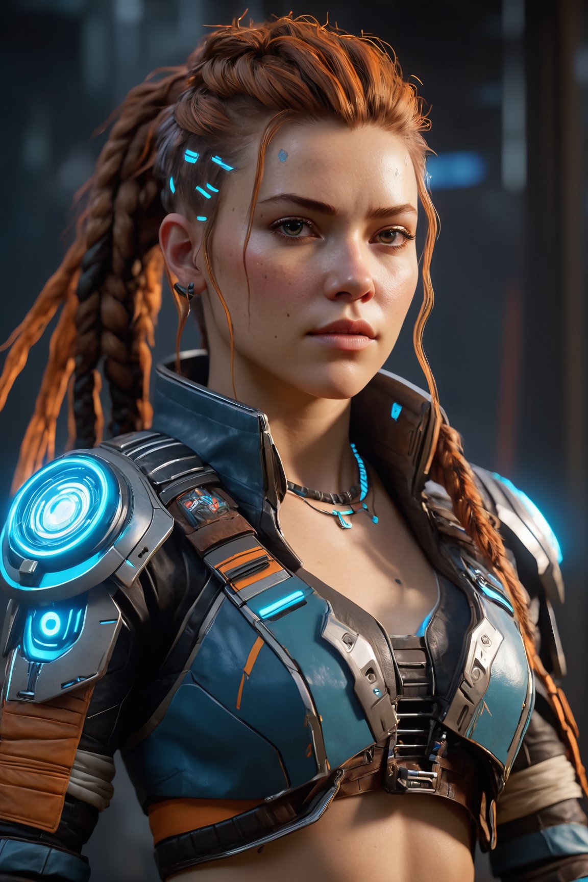 (best quality, 4K, 8K, highres), ultra-detailed, (futuristic cyberpunk illustration) portraying an American Caucasian heroine reminiscent of Aloy from Horizon Zero Dawn. Immerse yourself in a mesmerizing digital realm where this iconic character dons a cutting-edge cyberpunk ensemble, covering her entire figure. The high-resolution artwork unveils a world of urban sleekness, featuring Aloy in a sleek and modern cyberpunk outfit that gleams with reflective surfaces and neon accents, creating a visually striking and technologically advanced aesthetic. The artist's skilled strokes vividly capture Aloy's determination and strength, with atmospheric lighting that intensifies the cyberpunk ambiance. An exceptional masterpiece that seamlessly fuses gaming and cyberpunk elements, presenting Aloy in a new light that resonates with awe-inspiring futuristic glory