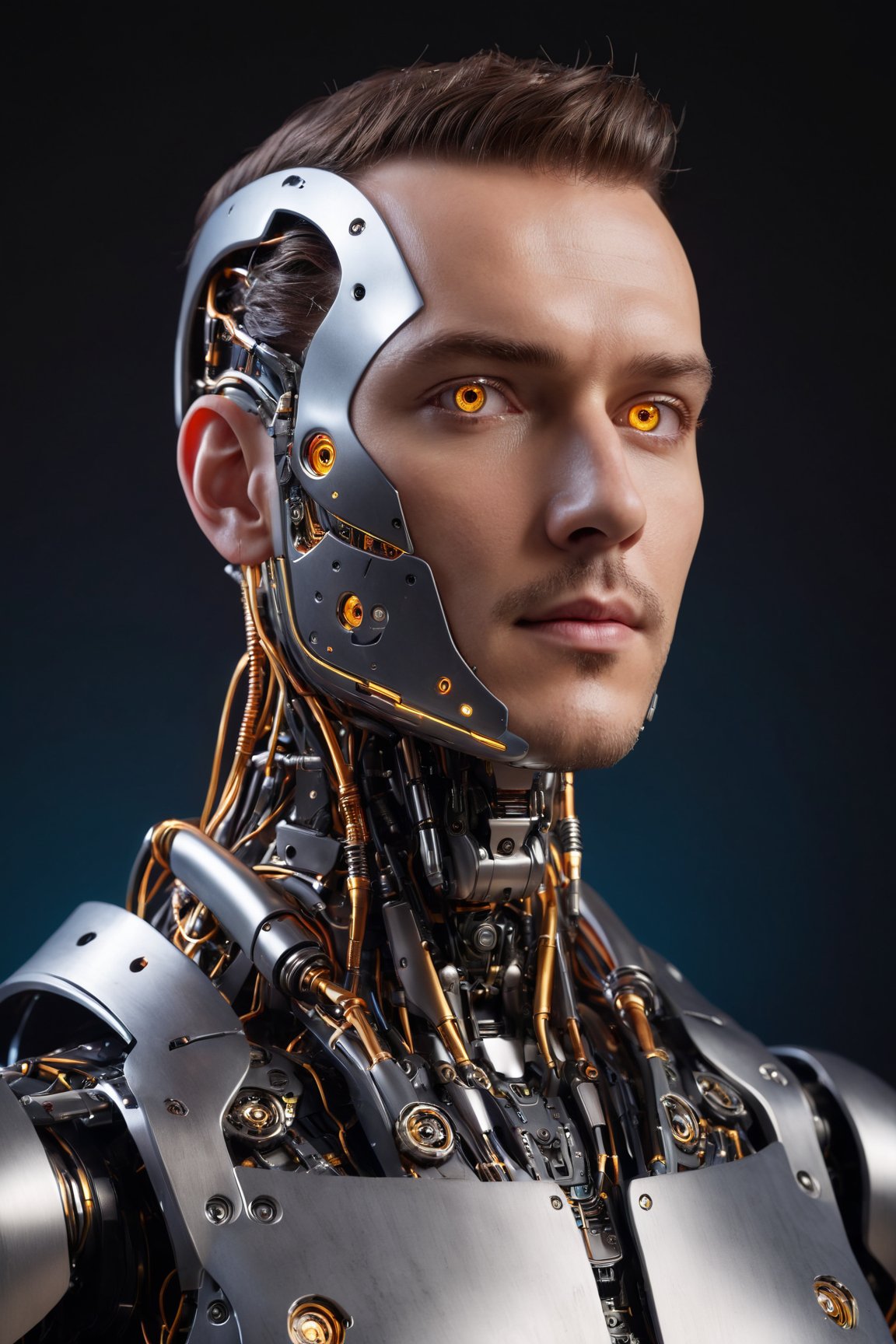 (best quality,4k,8k,highres,masterpiece:1.2),ultra-detailed,(realistic,photorealistic,photo-realistic:1.37),man,robotic mechanical face,mechanical body part,half body,stainless steel skin,glimmering metallic eyes,precision-engineered gears and circuitry,advancing technology,subtle reflections of light,cyborg style,dark background,glowing neon accents,futuristic,industrial aesthetics,steampunk influence,meticulously crafted facial features,digital display embedded in the forehead,mix of human and machine,expressive movements,shoulder-mounted robotic arm,forming a powerful silhouette