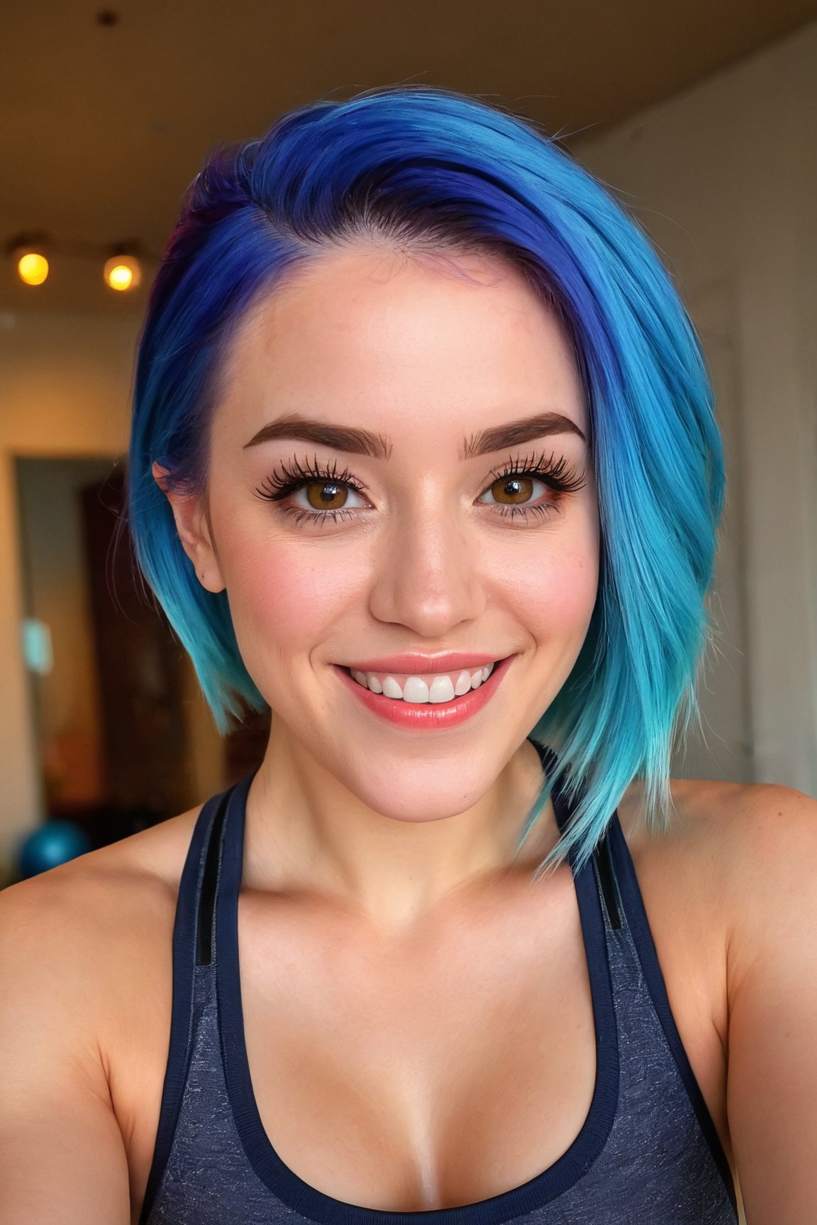 woman,smiling,blue hair,gym clothes,(best quality,highres:1.2),(vivid colors,colorful:1.1),(bokeh), (portraits),(studio lighting),(ultra-fine painting),(sharp focus),(extremely detailed eyes and face), (detailed lips),(beautiful detailed eyes),(long eyelashes)