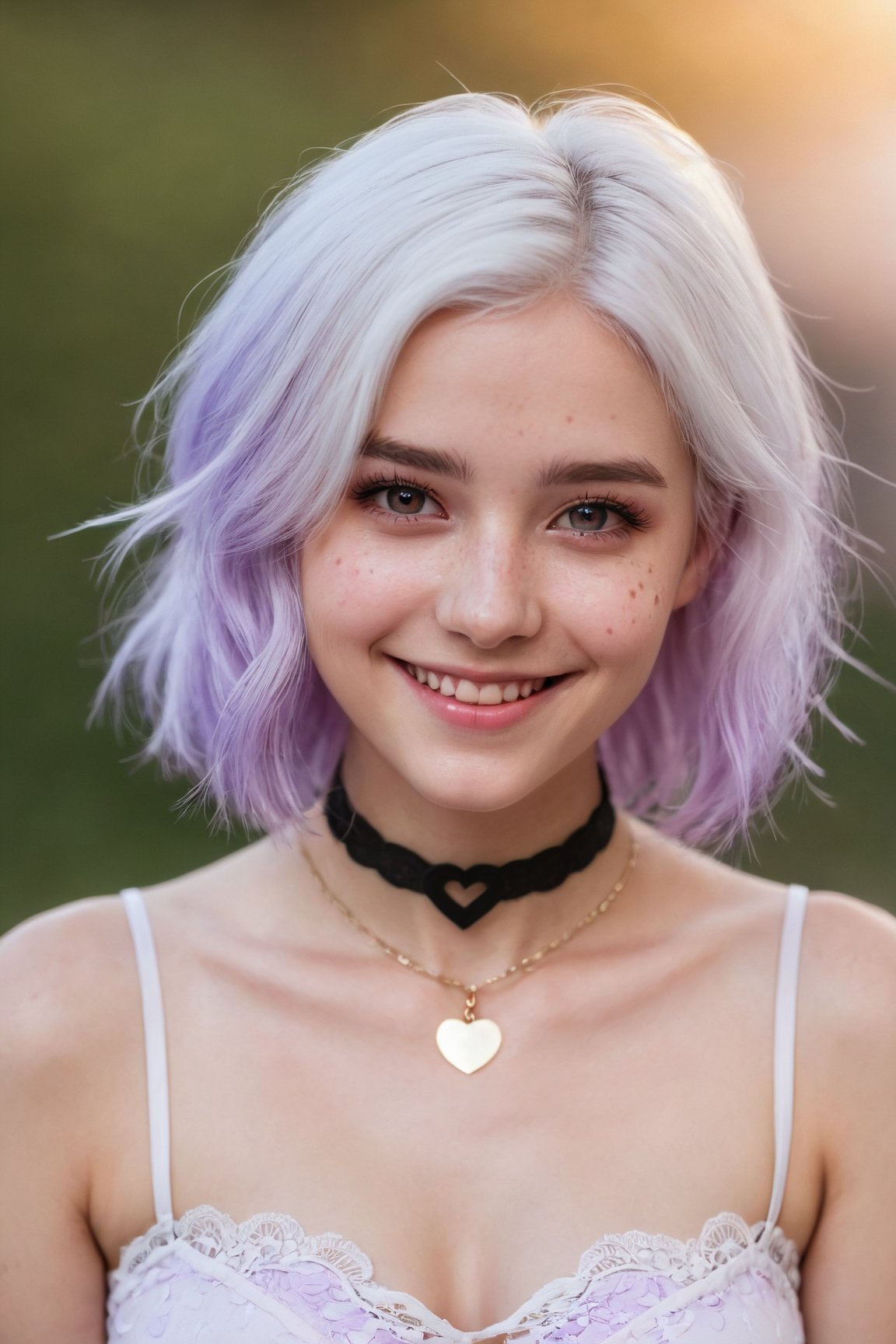 1girl, heart-shaped pupils, fingernails, white hair, purple eyes, (blush:1.1), choker, upper body, trembling, sweat, sweatdrop, heart, (medium breasts:0.6), love, heart, crop top, happy, smile, lace, bokeh, (freckles:0.8), natural skin texture, portrait