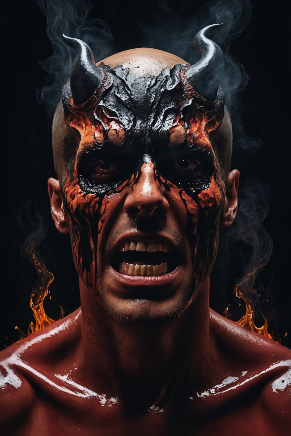 (best quality, 8K, highres, masterpiece), (surreal, evocative portrait), portraying a man consumed by his inner demon, with one half melting into an abstract representation of his dark side.  Use textures and symbolism to capture the psychological struggle of good versus evil. 