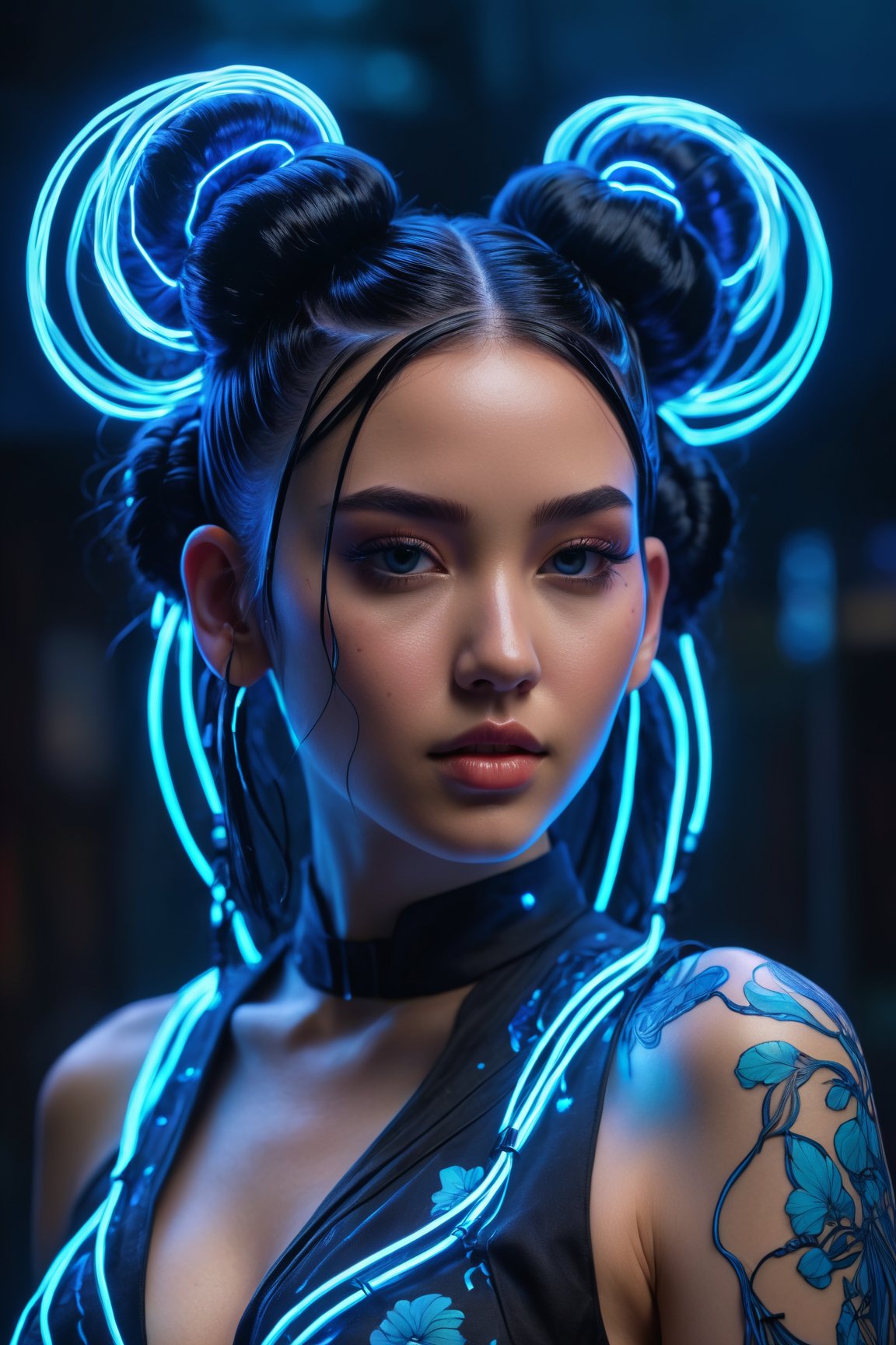(best quality, 8K, highres, masterpiece), ultra-detailed, cyberpunk woman adorned with long black hair fashioned into space buns. In this ethereal scene, she embodies the role of the goddess of horticulture, surrounded by millions of microscopic, ultra-bright blue neon strings emanating from her form. composition showcases a stunningly beautiful backlit silhouette, intricately detailed and adorned with neon clouds, creating a mesmerizing and vivid blue color palette.