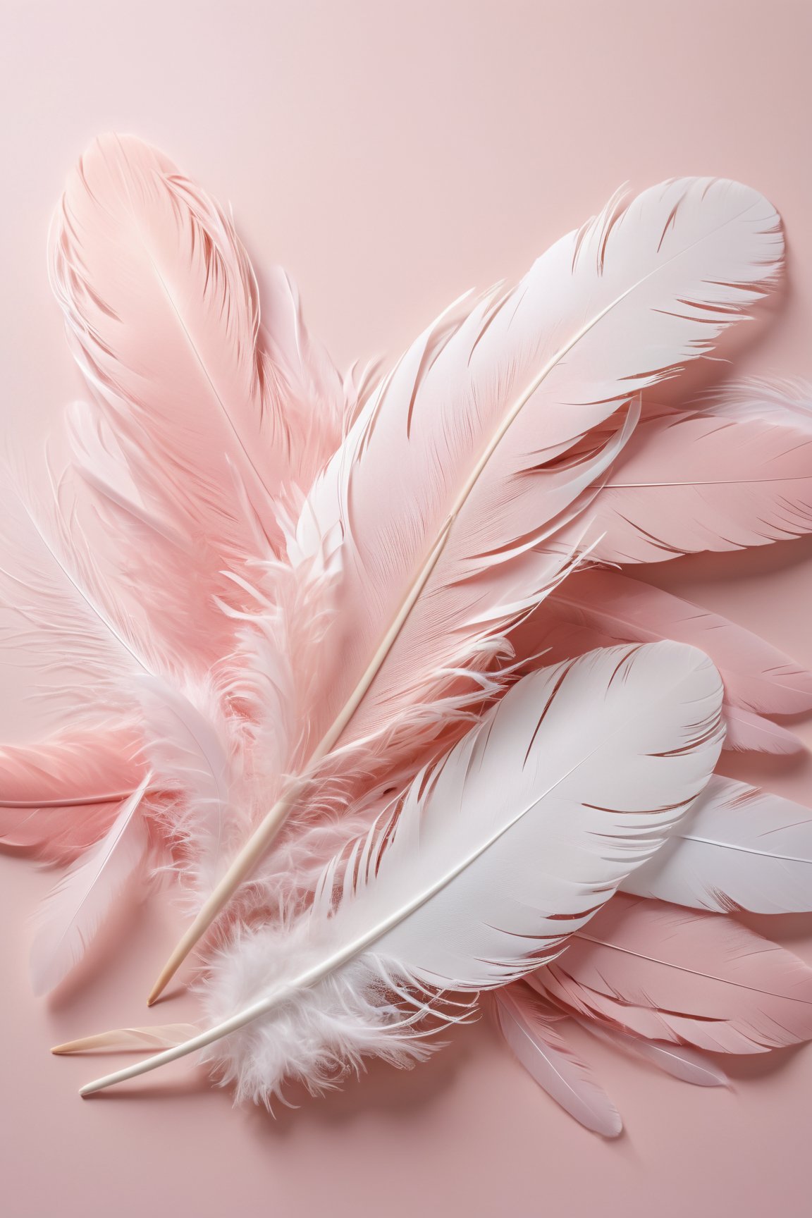 best quality,4k,8k,highres,ultra-detailed,realistic:1.37,feathers,flying feathers,elegant feathers,powder pink feathers,small feathers,white studio background,pink color,soft texture,dainty feathers,graceful movement,vivid colors,delicate details,subtle shadows,high definition,ethereal beauty,gentle motion,light as a feather,luxurious feathers,floating feathers,dreamy atmosphere,powdery texture,floating in the air,feathered elegance,ethereal scene,soft and light,graceful dance,fluffy feathers,airy texture,romantic ambiance,feathers in motion,elegant simplicity,serene backdrop,floating delicately,airy and delicate