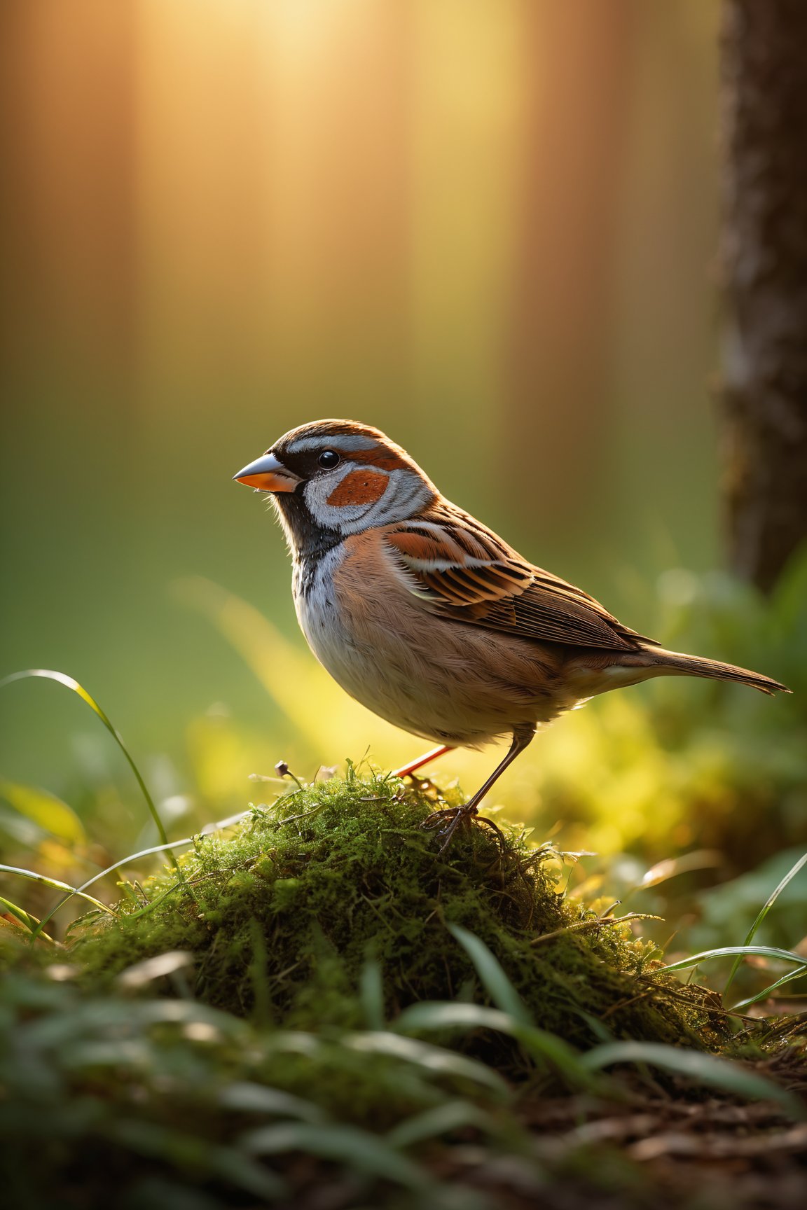 (best quality,8K,highres,masterpiece), capturing an enchanting moment in a mystical forest. Focus is on a delicate sparrow, its tiny form detailed against the lush greenery of the forest floor, engaged in the simple act of pecking at food crumbs. The scene is bathed in the gentle embrace of morning light, casting a soft, warm glow that highlights the intricate textures of the bird and the grass. The background melts into a blur of fresh, light orange hues, suggesting the early morning sun's radiance filtering through the forest canopy. This high-detail image showcases an exceptional depth of field and perfect composition, where every element, from the bird's feathers to the subtle interplay of light and shadow, is rendered with stunning clarity and accuracy, evoking a sense of peace and the magical allure of nature at dawn.