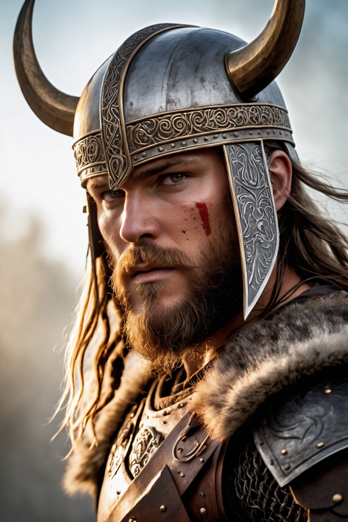 (best quality,8K,highres,masterpiece), ultra-detailed portrayal of a mystical viking warrior, blending the raw intensity of battle with a touch of the ethereal. This man stands as a guardian between realms, his face adorned with ancient warrior face paintings, highlighted by traces of blood and the secrets of battle etched into his gaze. The portrait captures him in a moment of contemplation, the shallow depth of field focusing sharply on his detailed eyes, surrounded by a soft vignette that hints at a world beyond. The high-budget Hollywood film quality brings to life his fierce expression and the intricate details of his metal armor, weathered by countless battles, under studio lighting that casts dramatic shadows and highlights the vivid colors of his war paint. His strong, androgynous physique is poised in a heroic stance, with a scarred face telling tales of his valor. The ornate helmet, adorned with ancient runes, and his hair, threaded with beads, flutter in a wind-swept dance, while the smoke swirls in the background, suggesting a mystic battlefield. In his hands, a sword and shield, symbols of his warrior spirit, ready for the unseen foe. The atmosphere is charged with foreboding, yet his stoic expression speaks of an unwavering resolve, as if he is a roaring warrior frozen in time, surrounded by the swirling mist of legend. This scene is not just a portrait but a gateway into the saga of a man whose presence commands the scene, enveloped in a foreboding atmosphere of swirling mist and the soft glow of fire in his eyes, revealing a ferocious demeanor and a commanding presence that transcends the ordinary into the realm of legend.