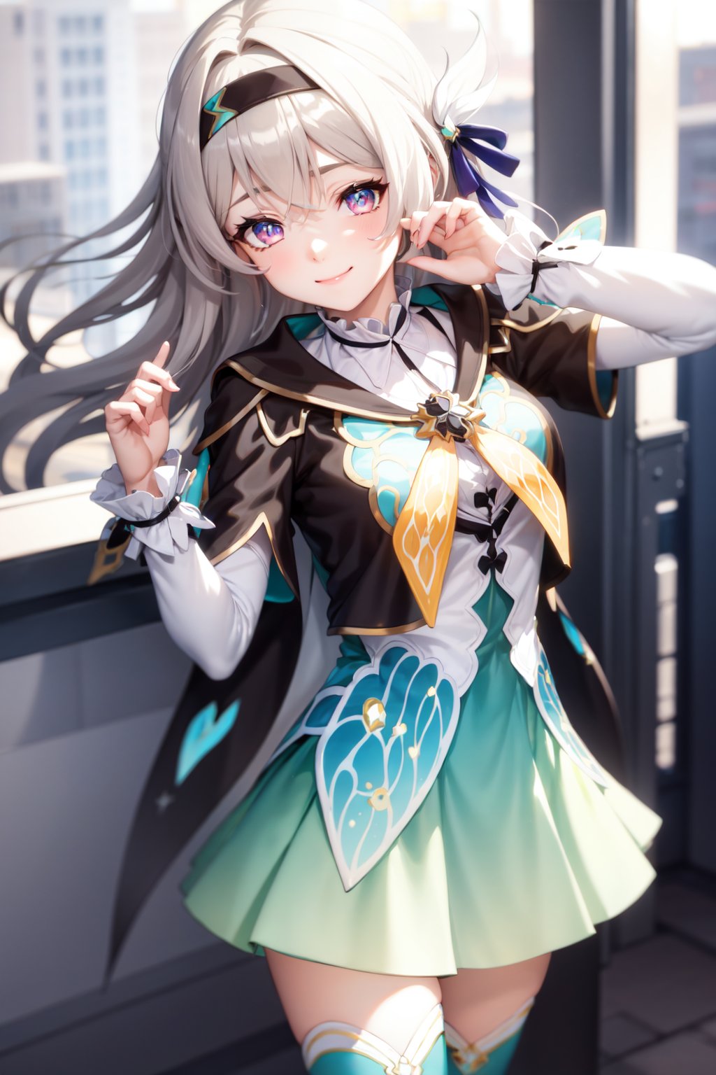 <lora:firefly:1> firefly \(honkai: star rail\), 1girl, solo, standing, grey hair, long hair, purple eyes, black hairband, jacket, dress, long sleeves, white sleeves, shirt, thighhighs, blue thighhighs, closed mouth, light smile, black thighhighs, skirt,