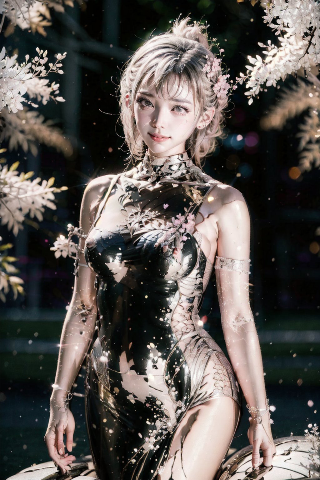 (Fujifilm), Real photo, a Japanese woman, 19 years old girl, Winter style, snow falling, plum flowers blooming, wearing a pink china cheongsam, smiling, the pink cherry blossom petals are flying all over the picture, clear and bright, super High quality, exquisite details, delicate and clear facial features, half body, clear waist,1 girl, Double exposure, Please give her some more background or context so we can add more details ,perfect split lighting,ZGirl,Nature, flowers blooming fantastic and dreamy light romantic lighting bokeh background,snow_scene_background,Hajime Sorayama,metallic effect,beautiful girls