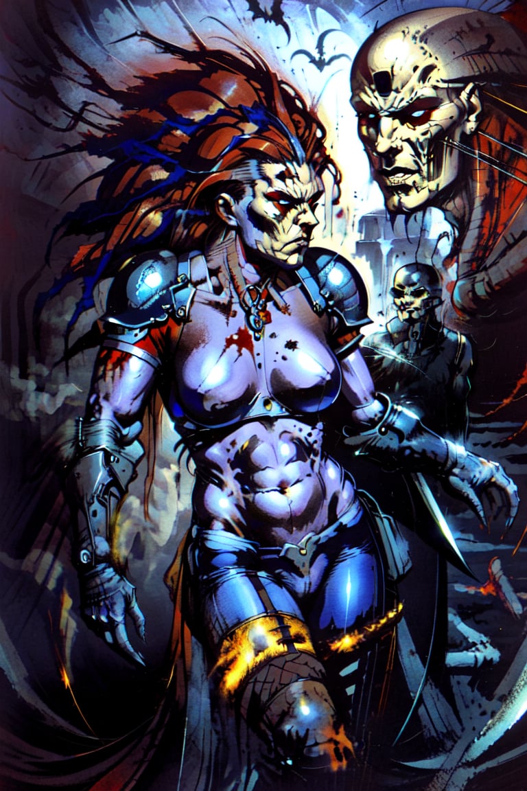 Mature woman, middle ages armor, evil, darkness, vampire, lingerie, red hair, long hair, serious face, carrying dark sword,simon bisley