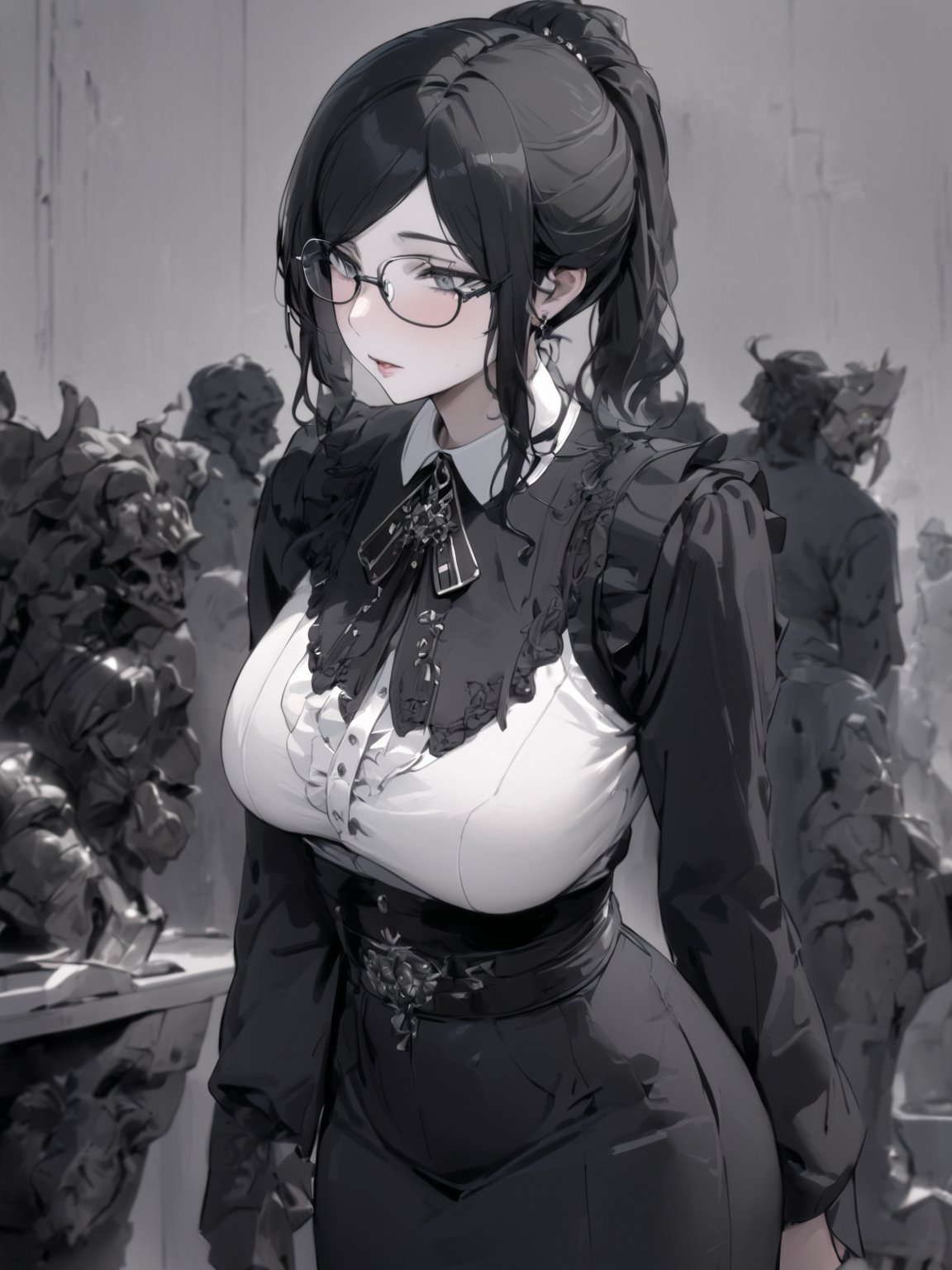//Quality,
masterpiece, best quality, detailed
,//Character,
solo,
,//Fashion,
,//Background,
simple_background
,//Others,
,Yuri Alpha \(overlord\), 1girl, grey eyes, black hair, breasts, glasses